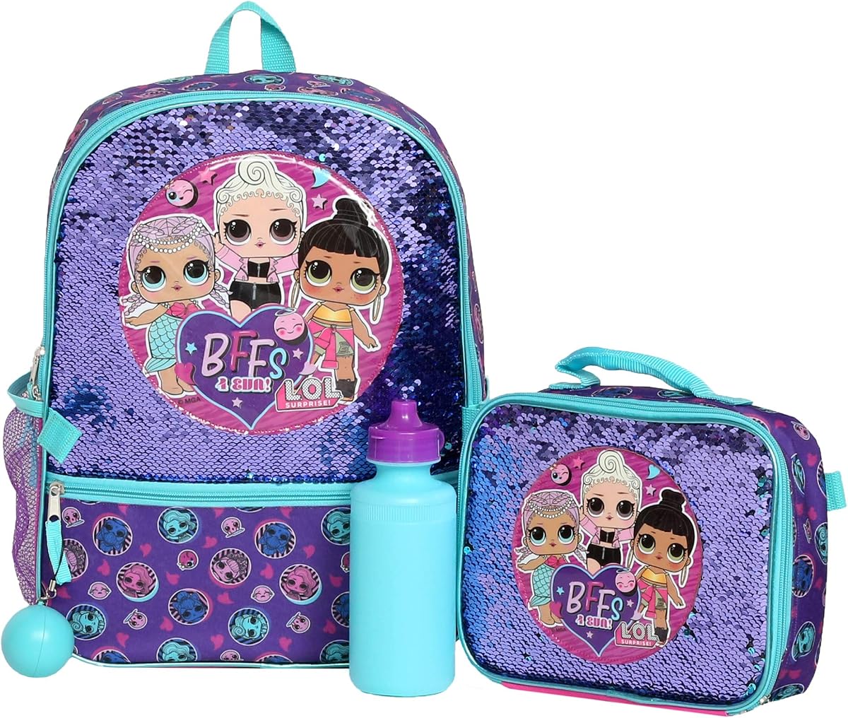 JAJAJA. ¡Sorpresa! Juego de mochila para niña de 4 piezas, bolso escolar con lentejuelas de 16" y bolsillo frontal con cremallera, morado y verde azulado