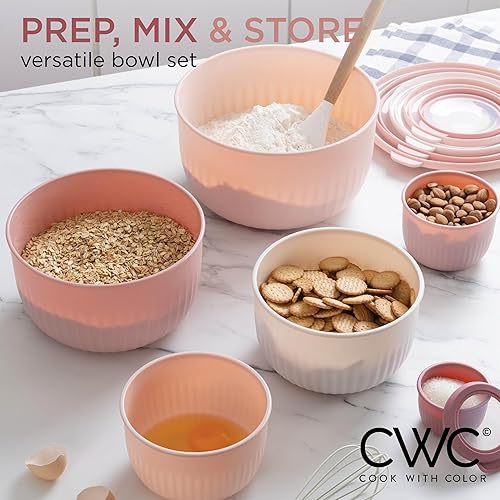 Vista 18 de COOK WITH COLOR - Juego de tazones de preparación profundos con tapas, para mezclar, de plástico, pequeños y apilables (color rosa/gris)