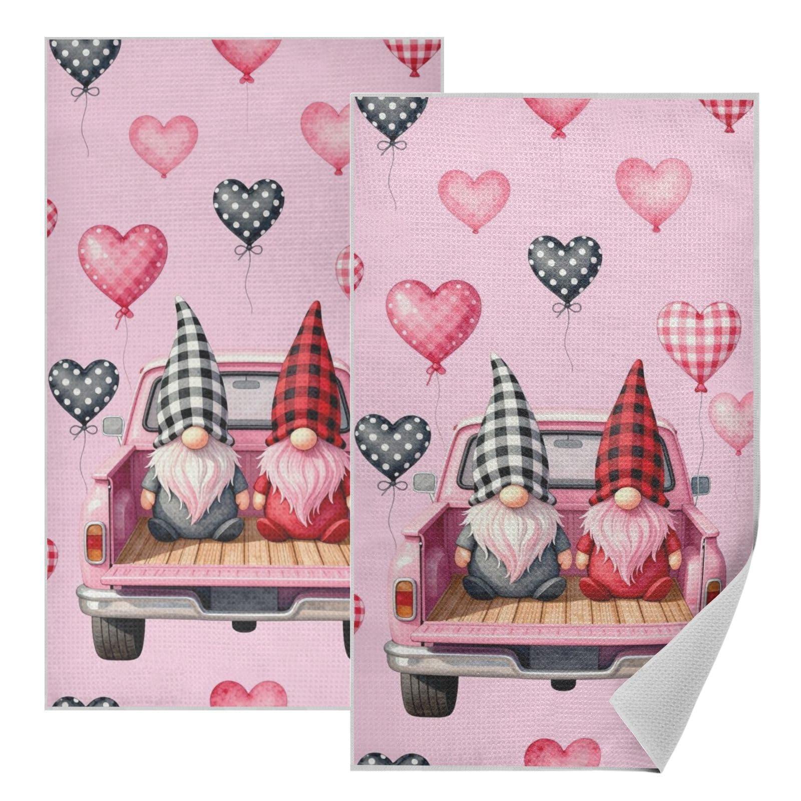 Paños de cocina de gnomo rosa para San Valentín: toallas decorativas de gofre (2 uds)