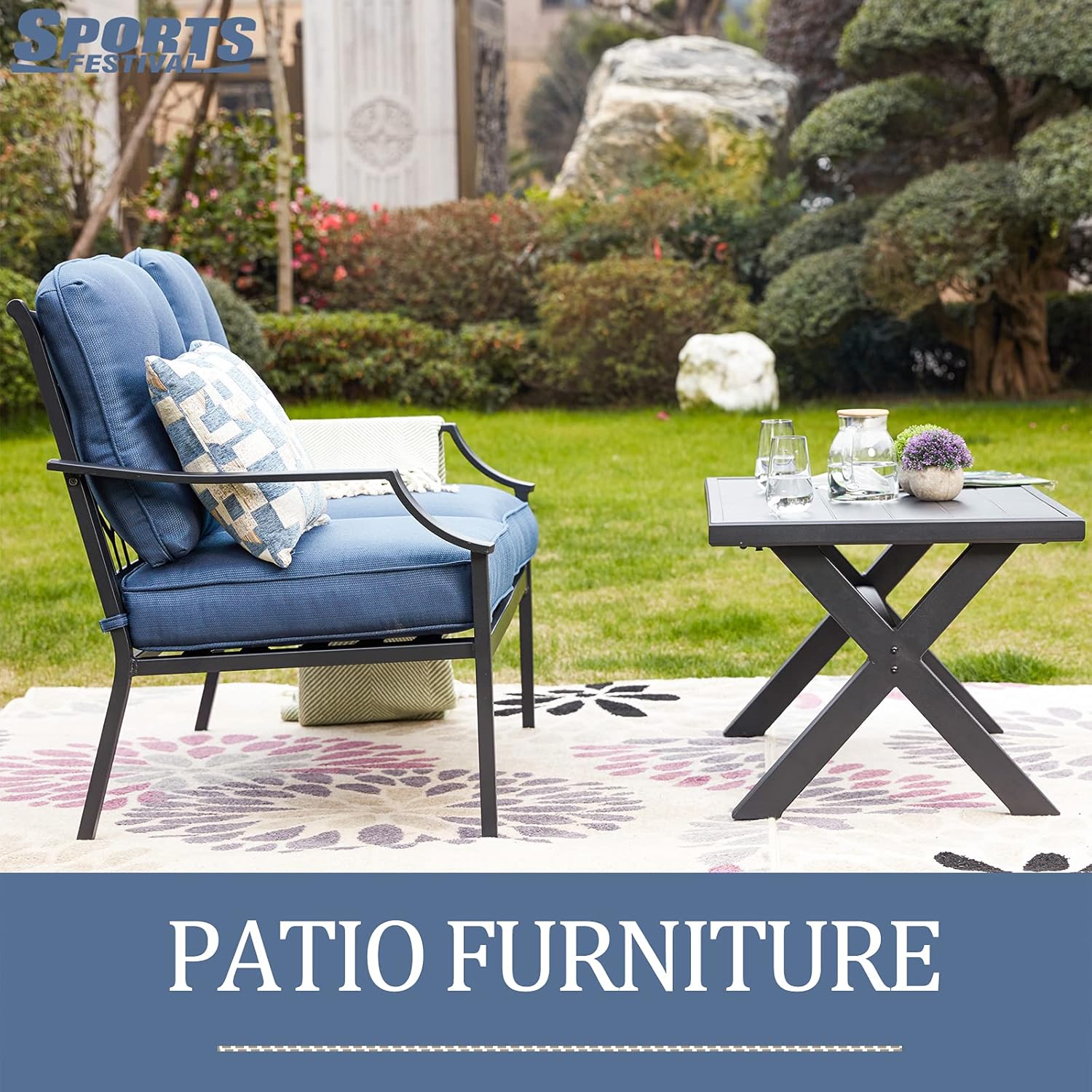 2 Pcs Outdoor Furniture Patio Loveseat with Coffee Table Outdoor Bench with Cushions in Metal Frame for Bistro Balcony Lawn, Blue