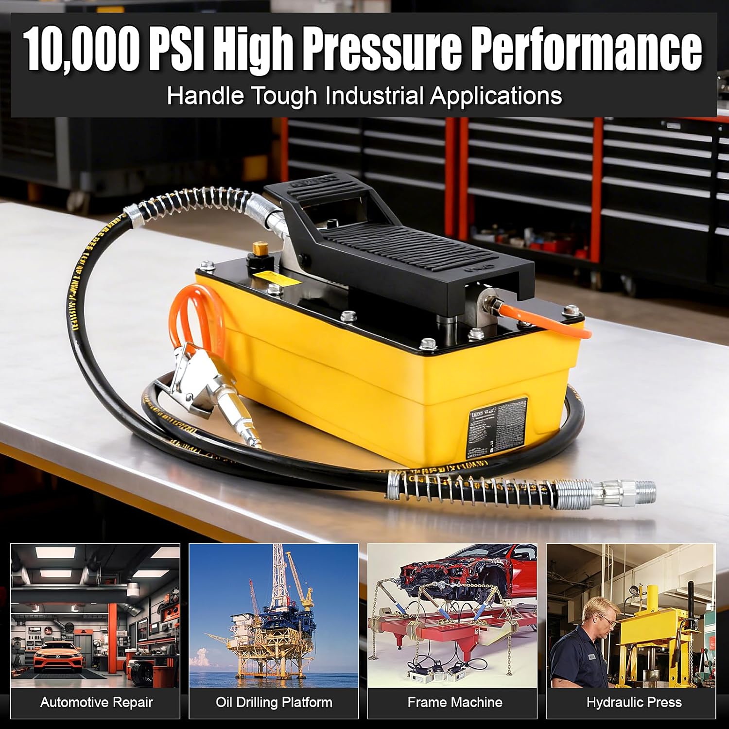 Air Hydraulic Pump, 10,000 PSI, 0.6 Gal Foot Padel Hydraulic Pumps with 6.6 ft Hose and Spray Gun, NPT 3/8" Outlet & 1/4" Inlet, Yellow