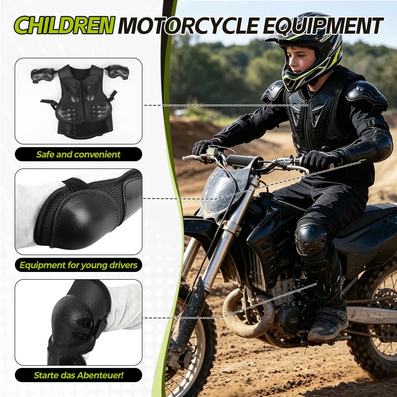 Kinder Brustpanzer Set, 5-teiliges Motorrad-Schutzjacke, gepolsterte Sportweste mit Brustschutz, plus Knie- und Ellbogenschützer für Motorradfahren, Snowboarden, Skifahren, Skaten (schwarz)