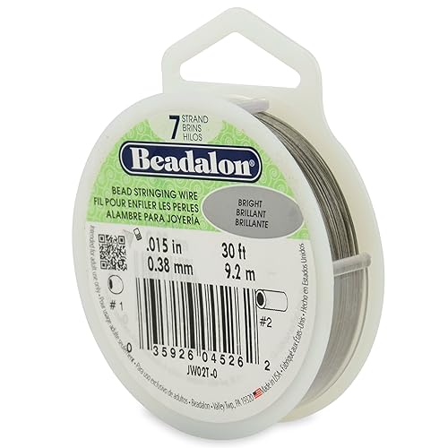 Beadalon Alambre de cuerda de cuentas de acero inoxidable de 7 hebras, 015 pulgadas 0.015 in, brillante, 30 pies 30.2 ft