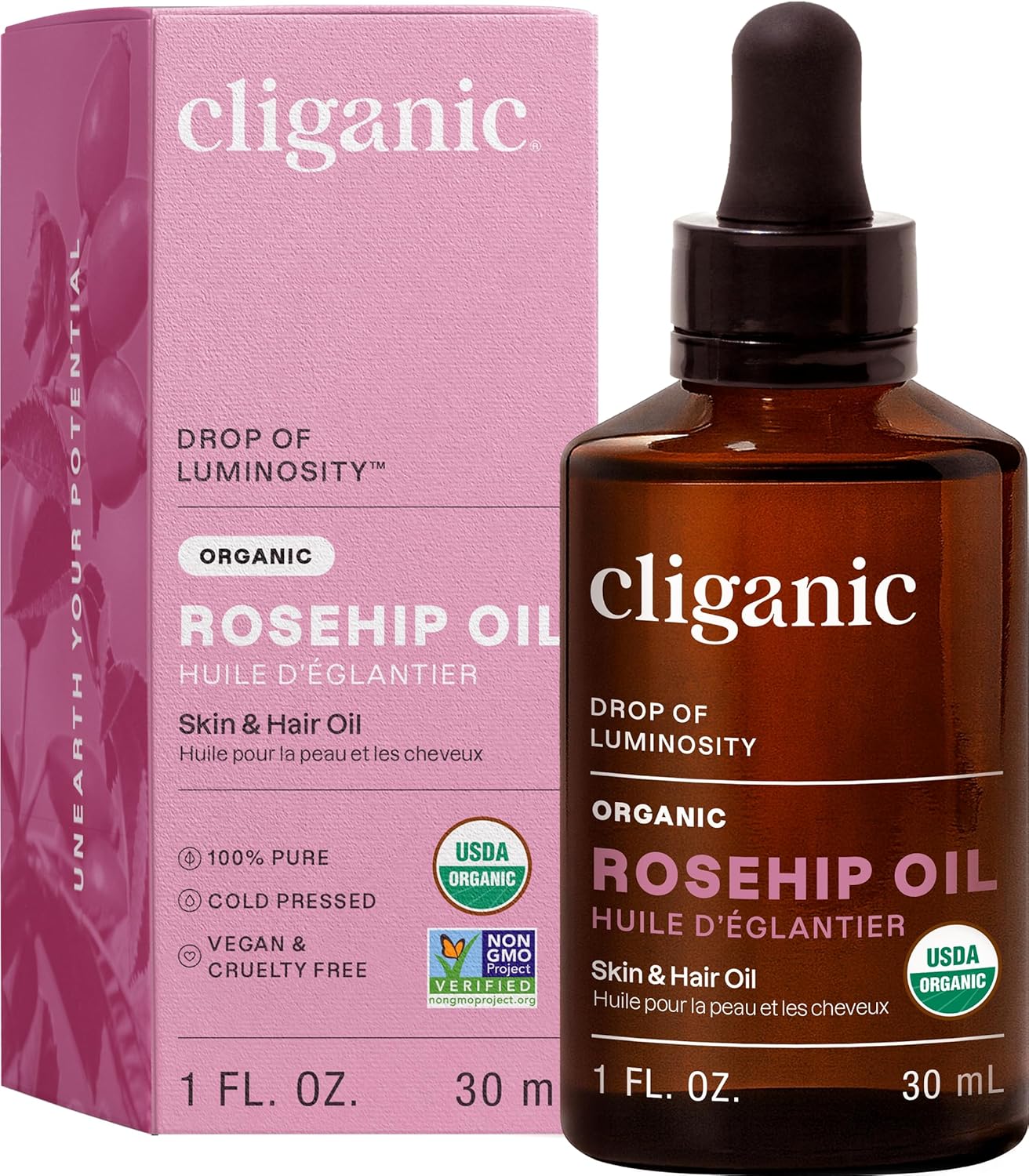 Cliganic Organic Rosehip Seed Oil - 100% Pure Cold Pressed for Face, Hair, Nails | USDA Certified Non-GMO Vegan Carrier Oil