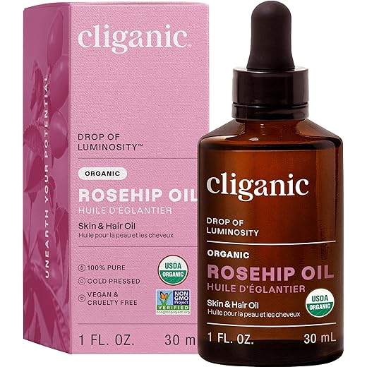Cliganic USDA Organic Rosehip Seed Oil for Face, 100% Pure | Natural Cold Pressed Unrefined Non-GMO | Carrier Oil for Skin, Hair & Nails