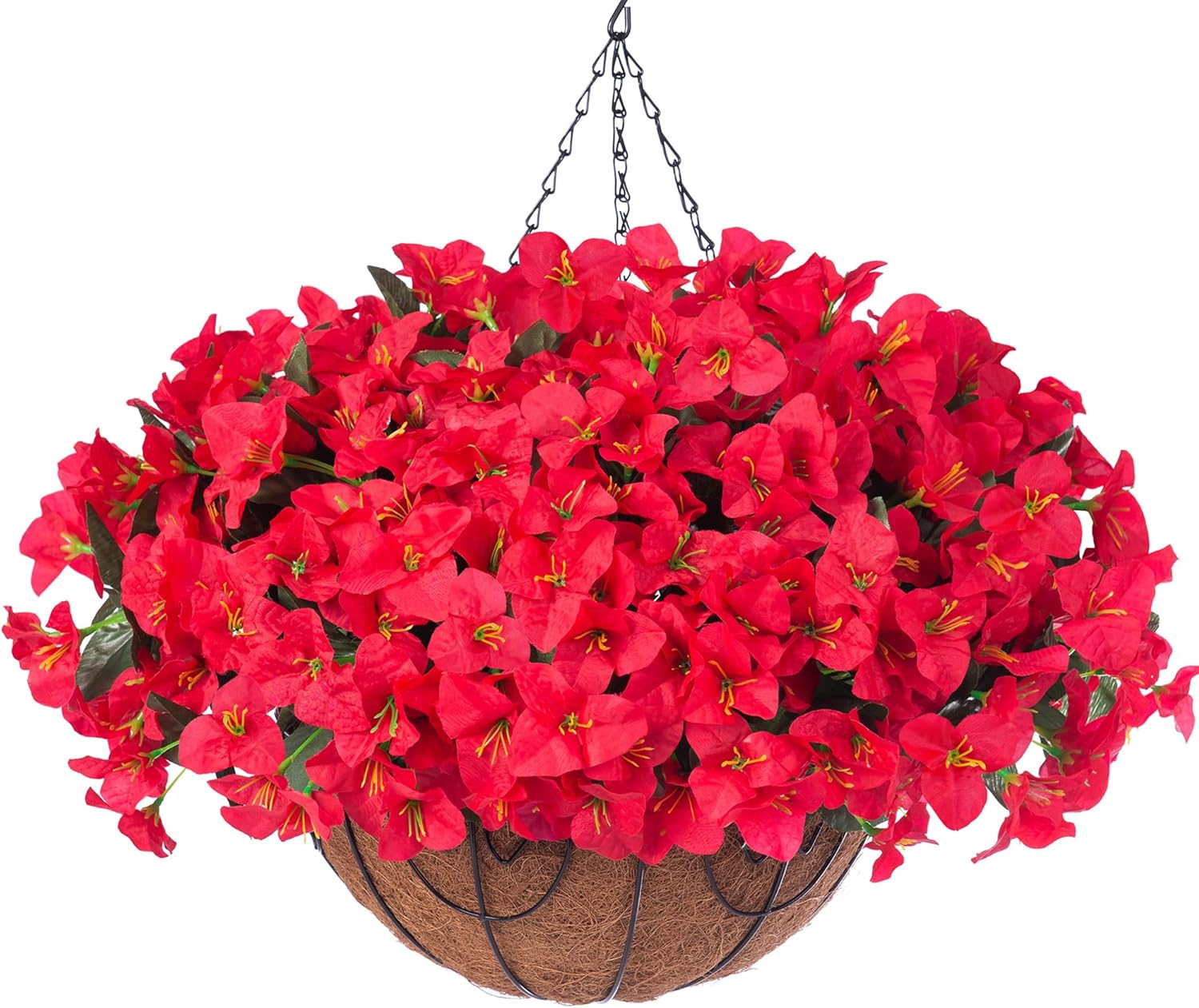Artificial Fake Hanging Flowers for Outdoors Basket Spring Decor, Bougainvillea Faux Hanging Plants Outdoor Silk Flower in Planter Look Real UV Resistant for Outside Porch Patio Garden Yard Home, Red
