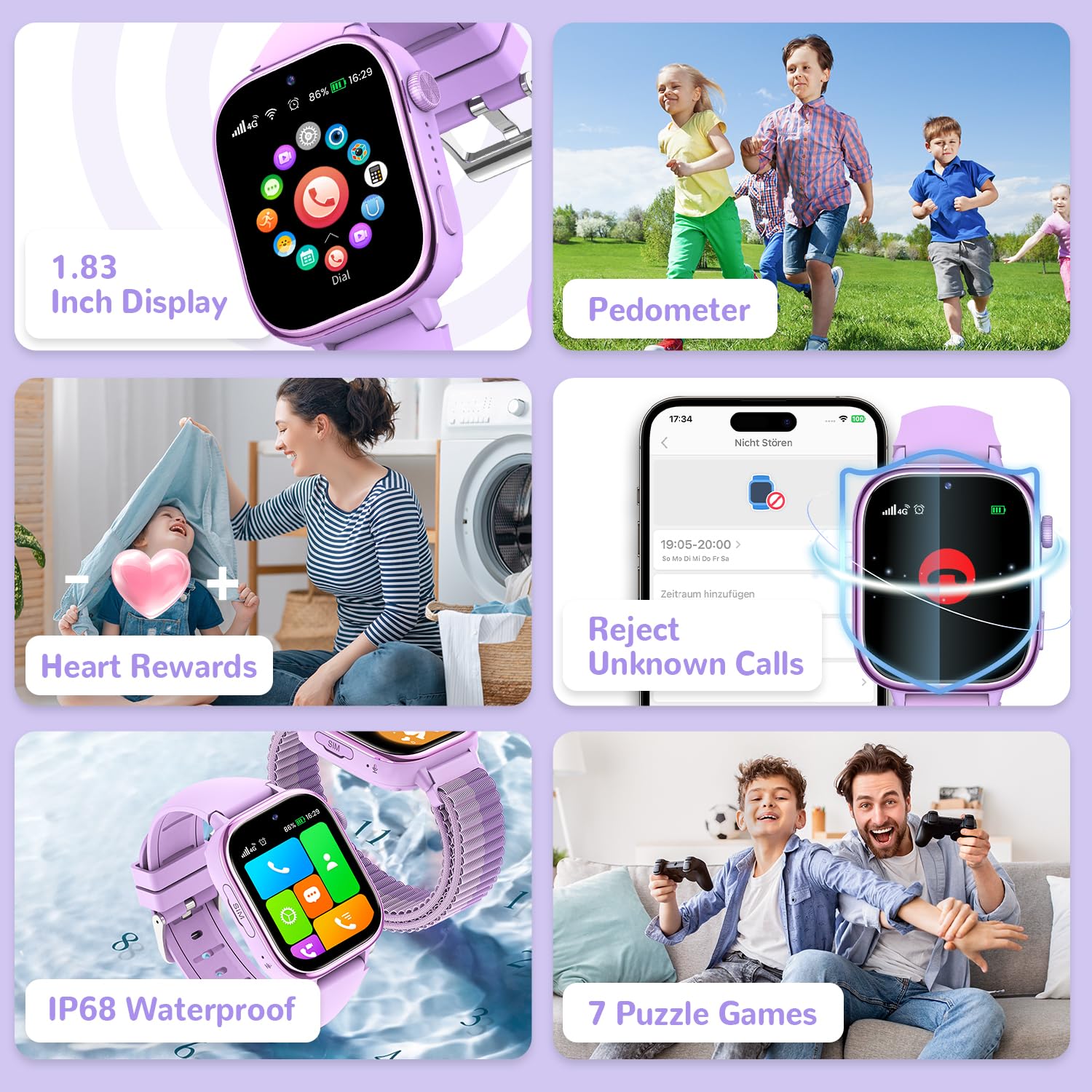 SWGOTA 4G Smartwatch Bambini con GPS e Telefono, Orologio Smartwatch Bambini con Videochiamate, Messaggi, modalità Scuola, SOS, Impermeabile IP68, Contapassi - Regalo per Ragazzi e Ragazze (Viola)