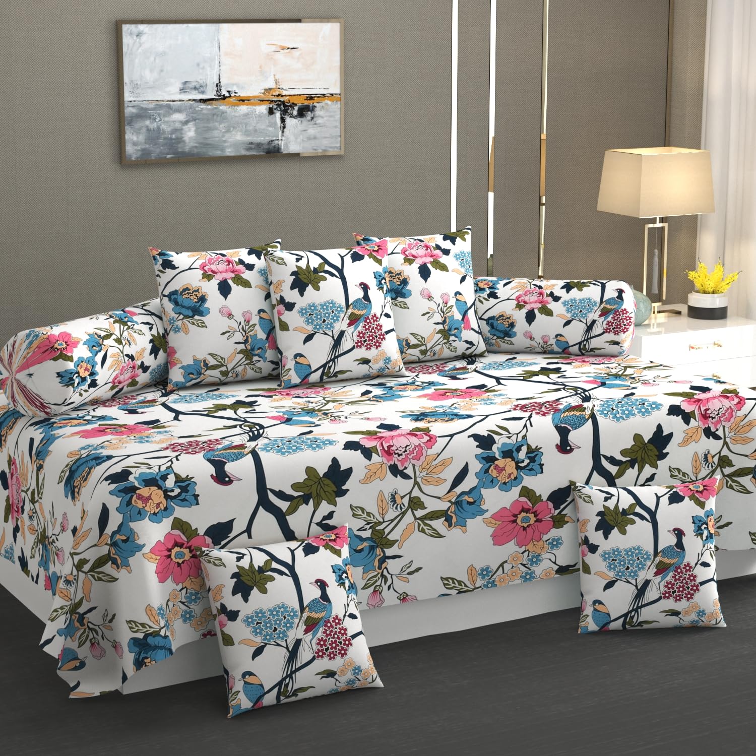 Jai BUN 100% Glace Cotton Floral 8 Pieces Diwan Cover Set for Living Room/Bed Room || One Single Bedsheet, 2 Bolster Covers, 5 Cushion Covers with Zippers, Multicolor