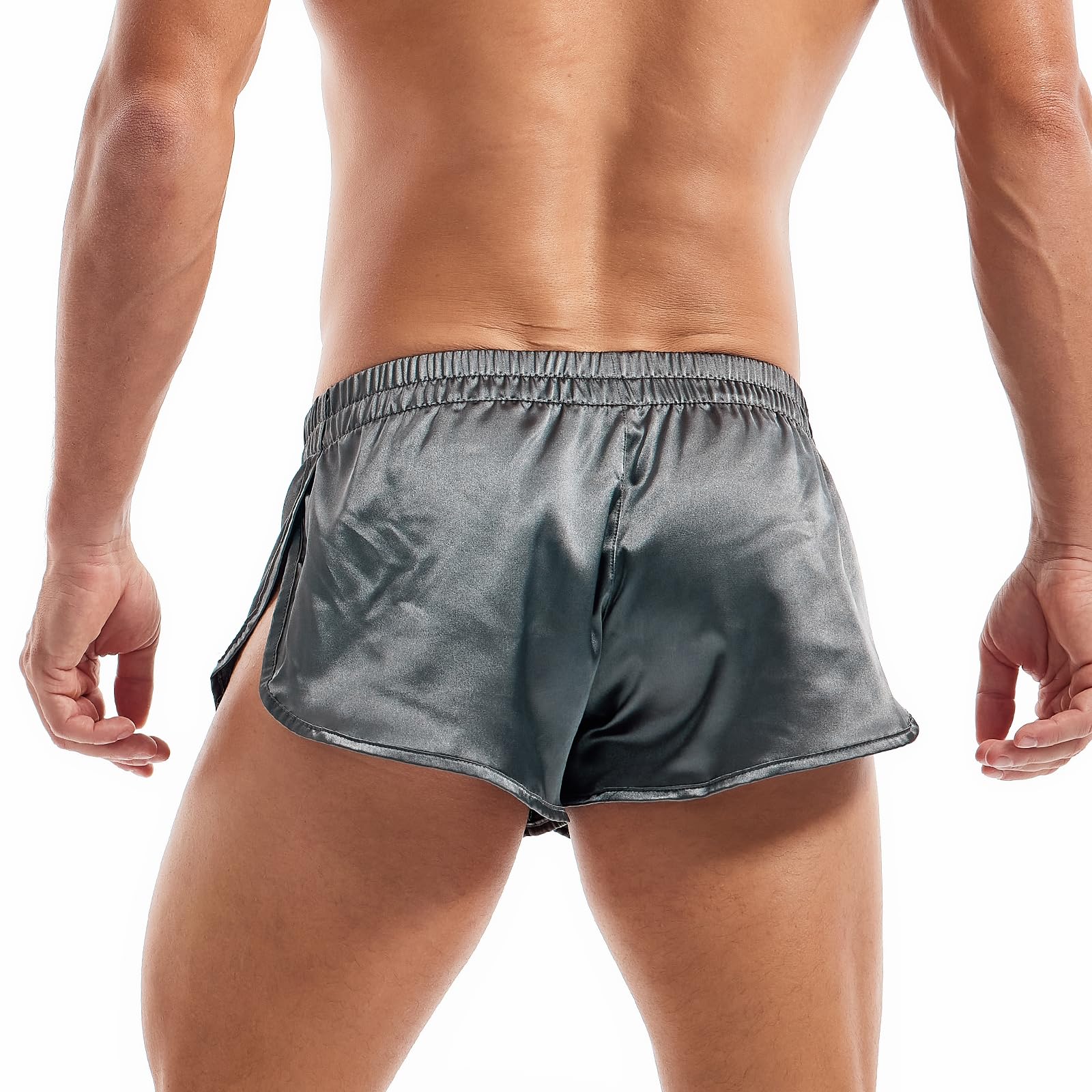 AMY COULEE Mens Sexy Satin Shorts Large Split Side Boxers Silky Pajamas Sleepwear with Pouch Liner