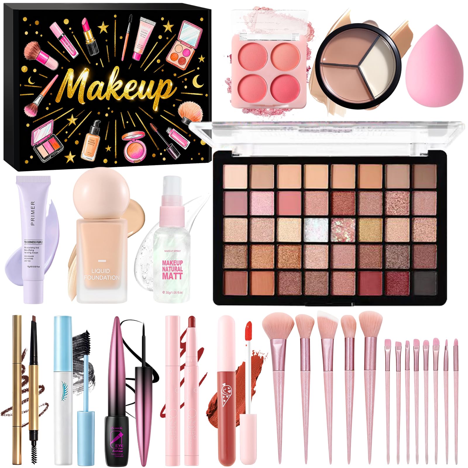 Coffret Maquillage Femme, Kit de Maquillage Complet Professionnel, Coffret Cadeau Maquillage Adolescente Fille avec Ombres Paupière Fond de Teint Lipgloss Blush Correcteur Mascara Eyeliner Pinceaux