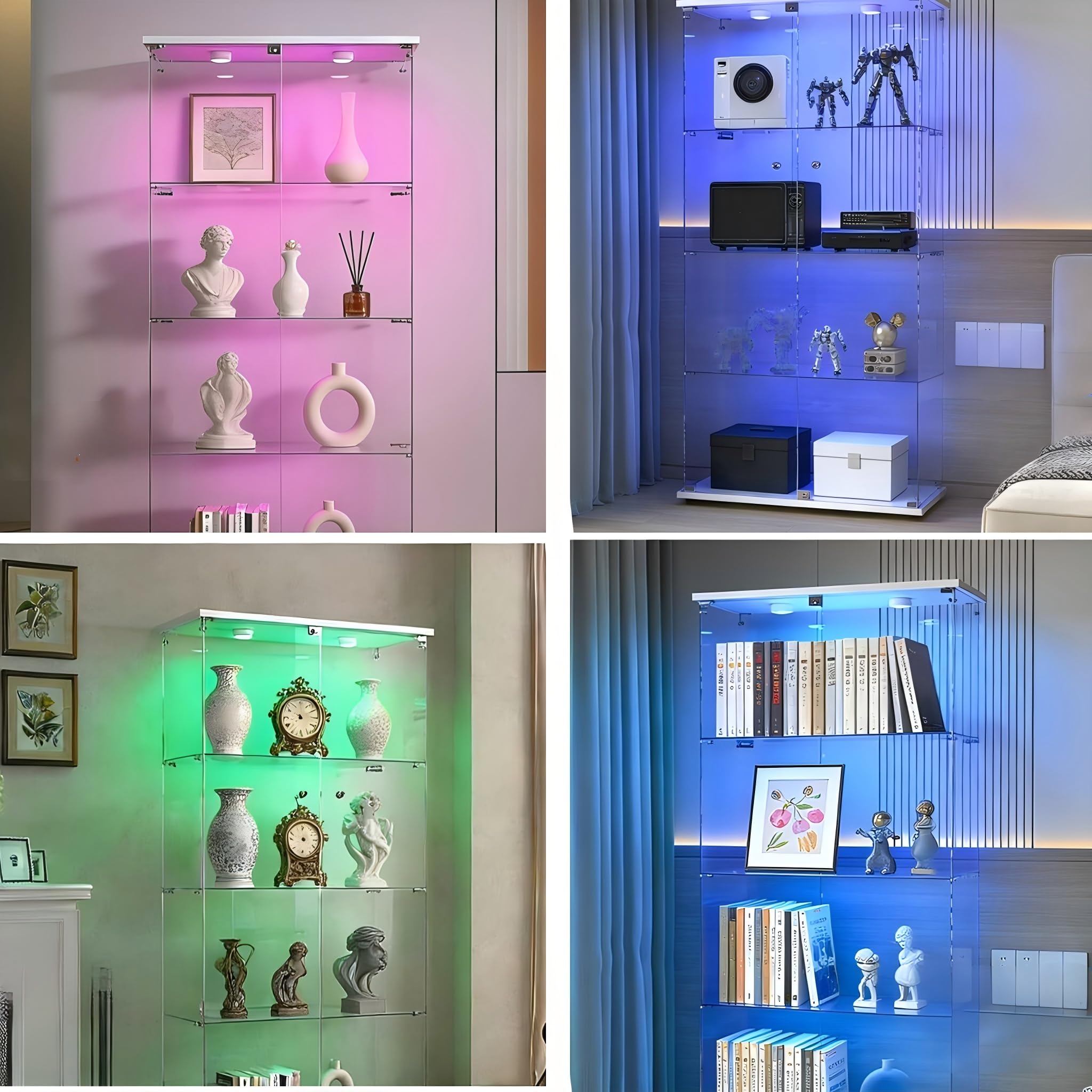 Vetrina in vetro, Vetrinetta Espositiva LED RGB a 7colori, 4 ripiani 2 ante, Vetrina Soggiorno a Specchio, Vetrinette Colonna Espositiva Colonna per collezione