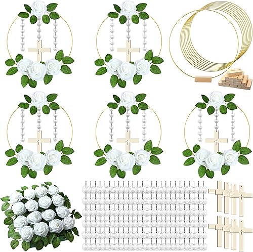 Sintuff 72 centros de mesa de bautismo con 8 anillos de aro florales de metal, 8 soportes de madera, 8 cruces de madera de pie, 24 rosas falsas y 24