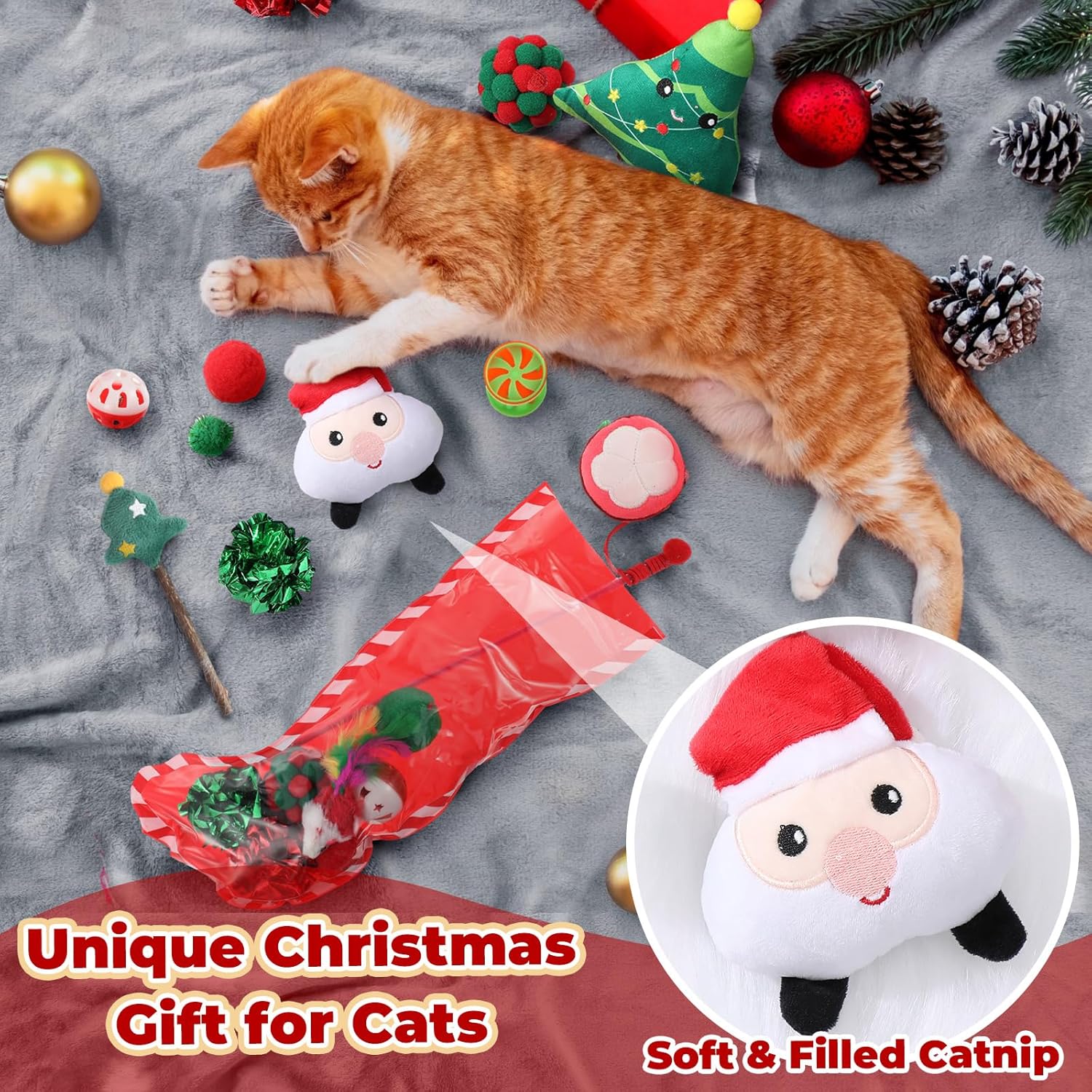 Shappy 5 Sets 55 Pcs Christmas Cat Stocking Toys with Cat Sticks Shaped Santa, Xmas Tree, Yarn Balls, Toy Mouse, Xmas Stocking Pet Set, Interactive Pet Gifts