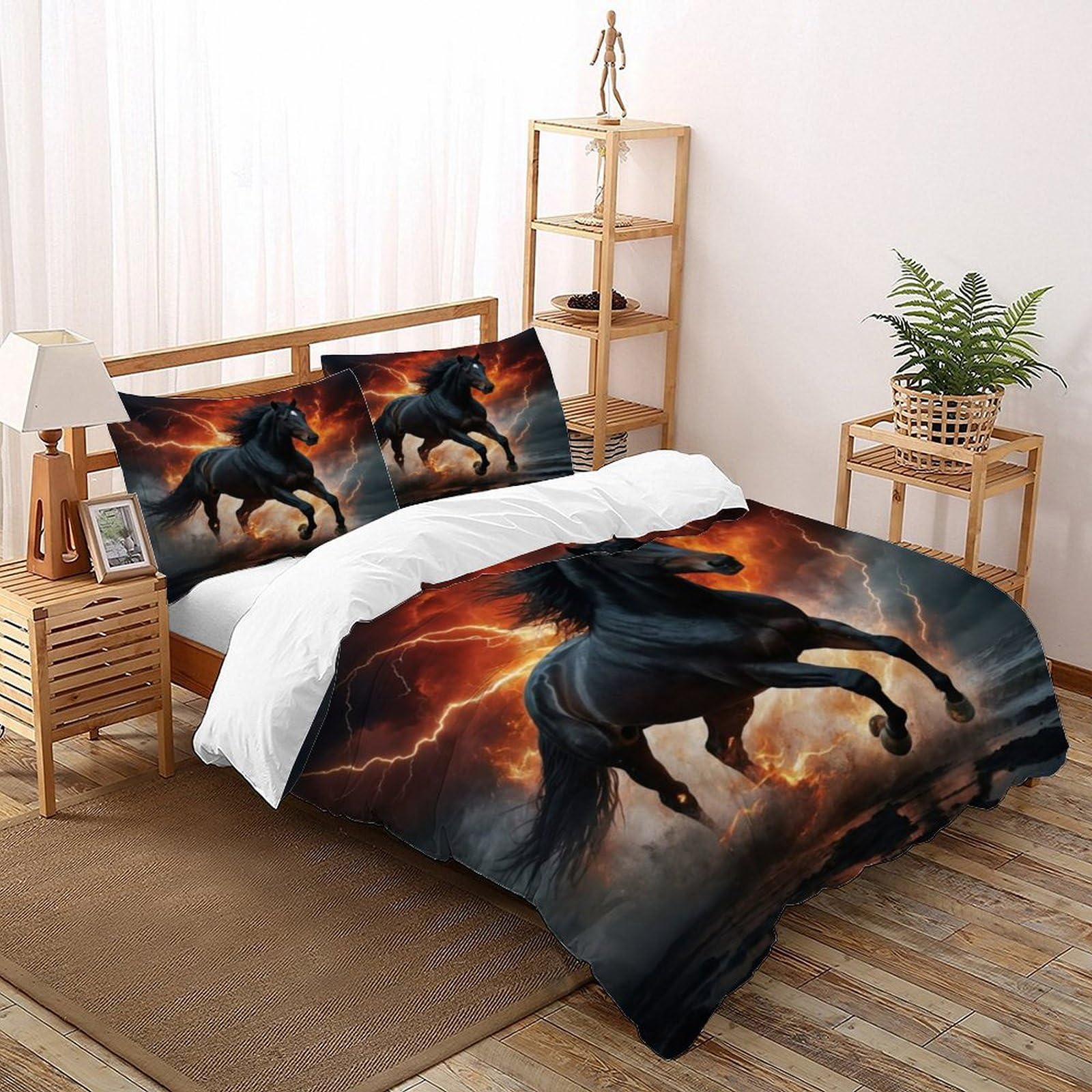 Housse de couette cheval de guerre noir 260x220 cm avec taies d'oreiller