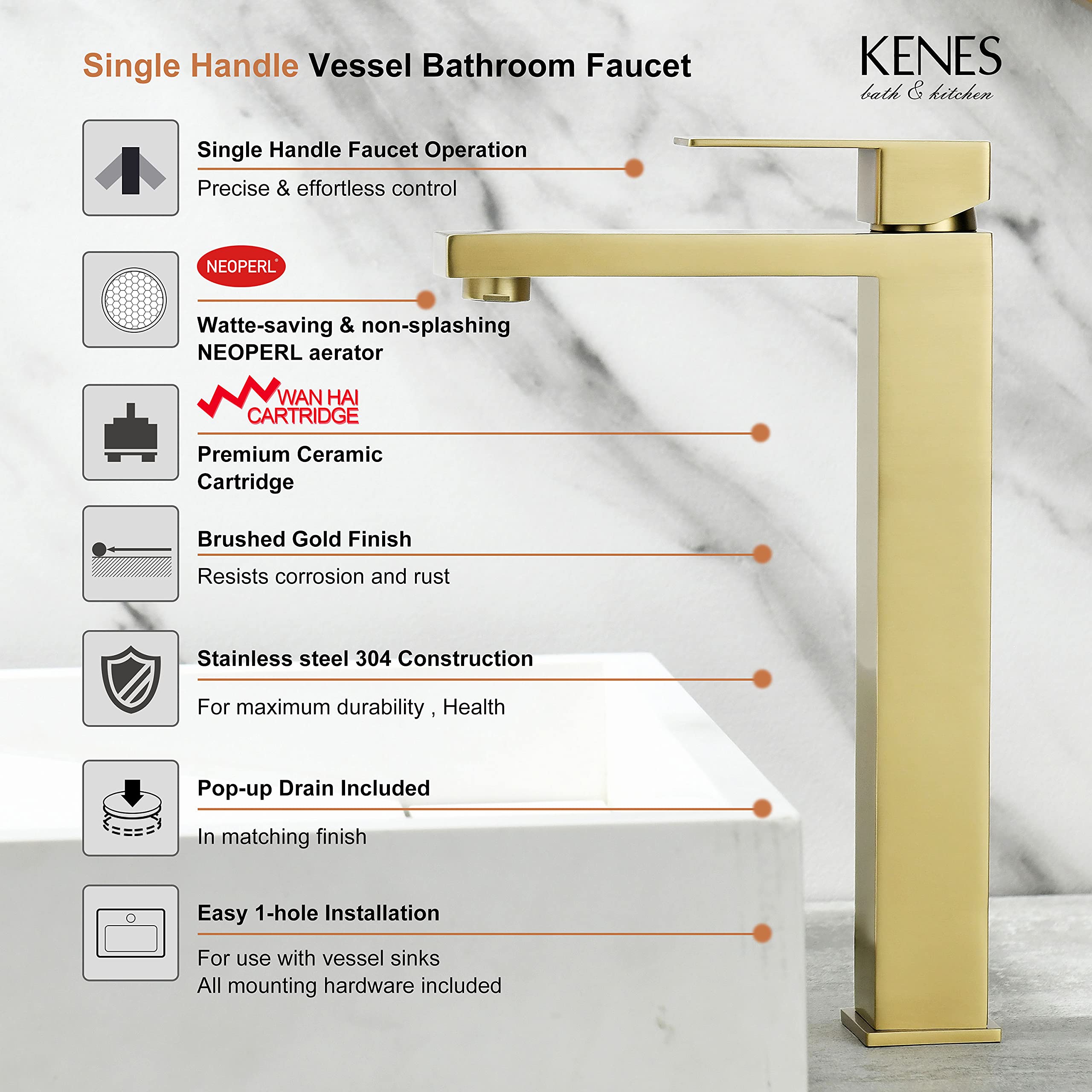 KENES Brushed Gold Tall Bathroom Faucet, Single Handle Bathroom Vessel Sink Faucet Vanity Bathroom Faucet with Water Supply Hose and Pop Up Sink Drain, LJ-9031A-4