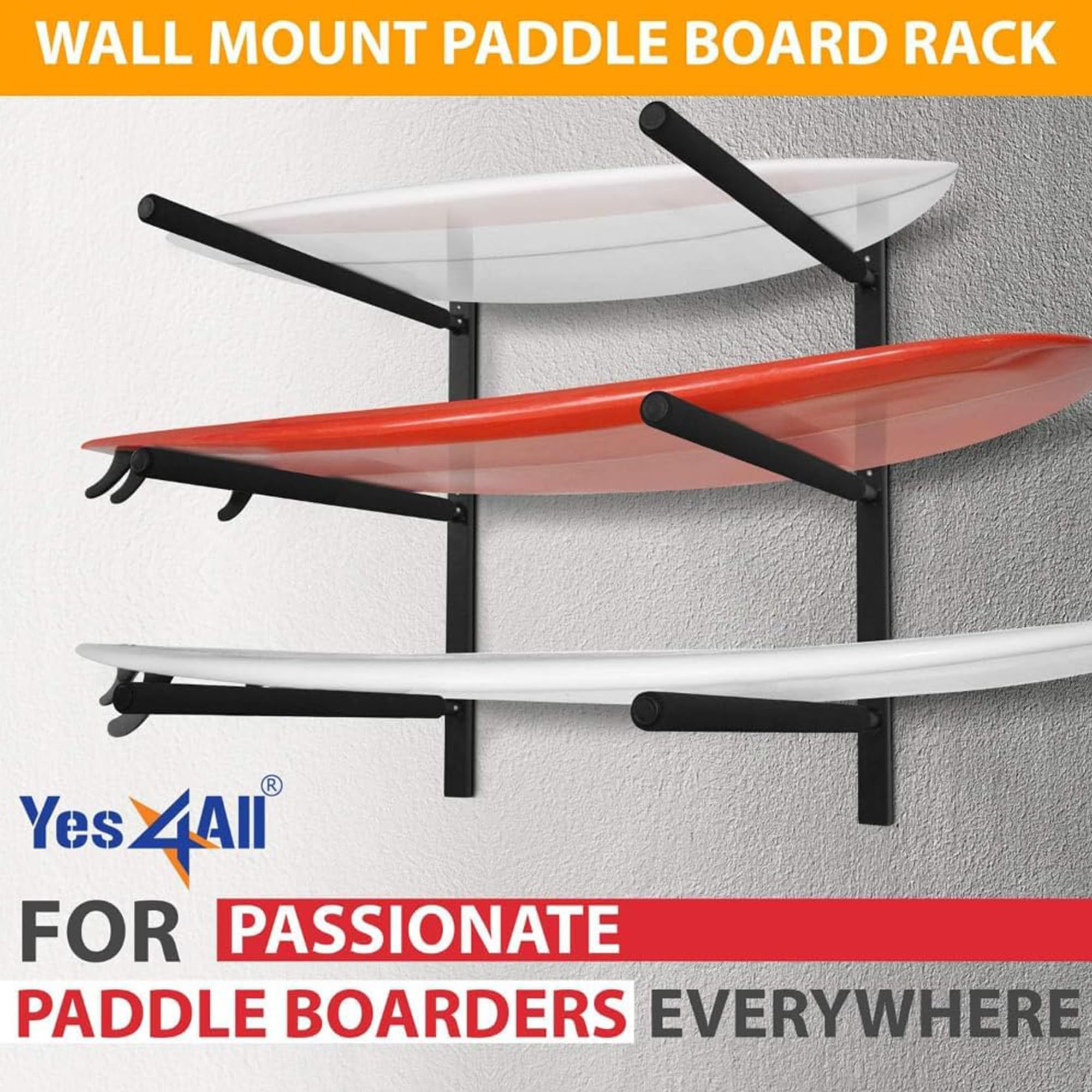 Yes4All Supporti da Parete per Tavole da Surf - Imbottitura in Schiuma per Conservare ed Esporre Fino a 3 Tavole, Snowboard, Longboard - Nero