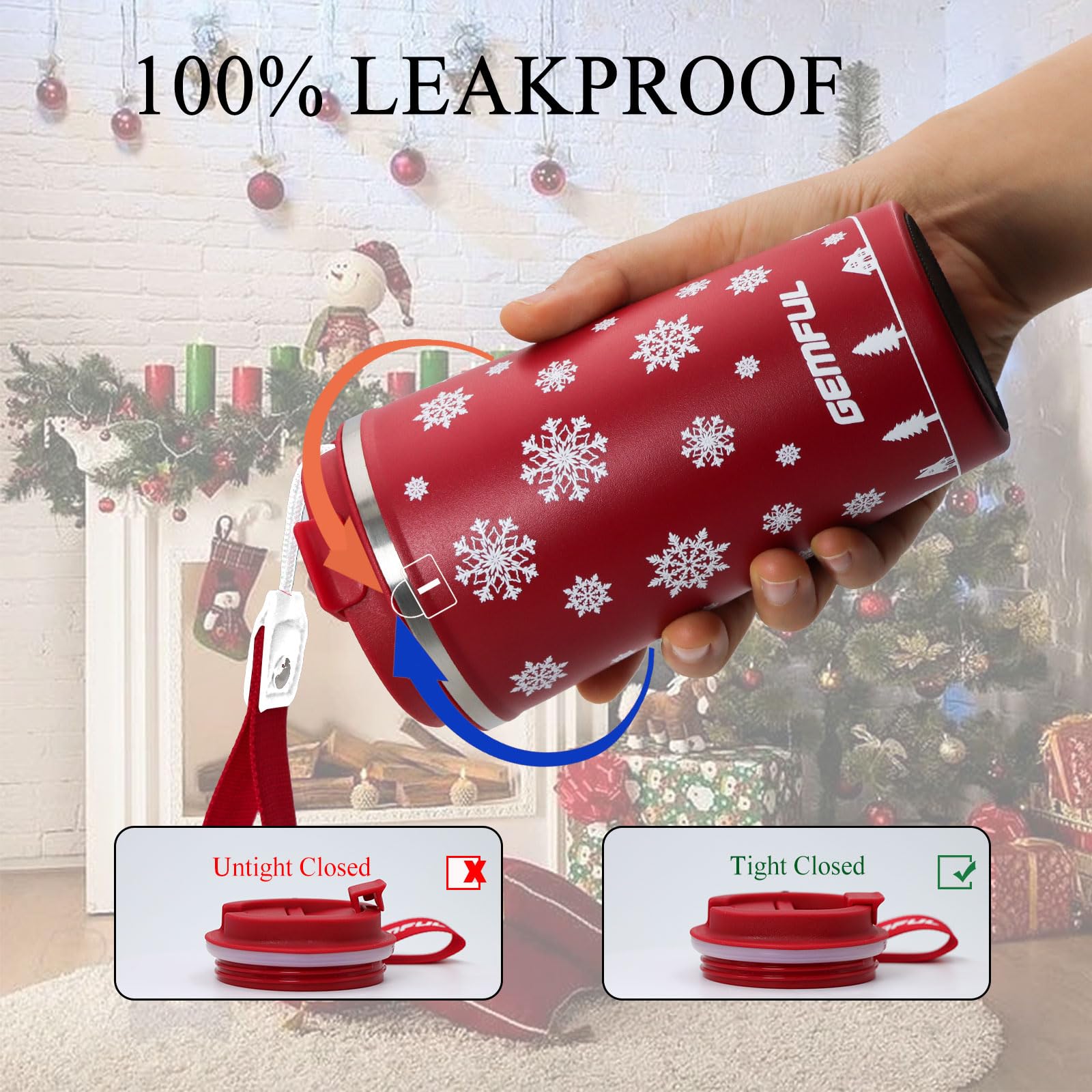 GEMFUL 510ml Stainless Steel Christmas Travel Mug. Double-Walled, Leak-Proof, Keeps Drinks Hot for Hours. A Lovely Xmas Present(Red) - Image 4