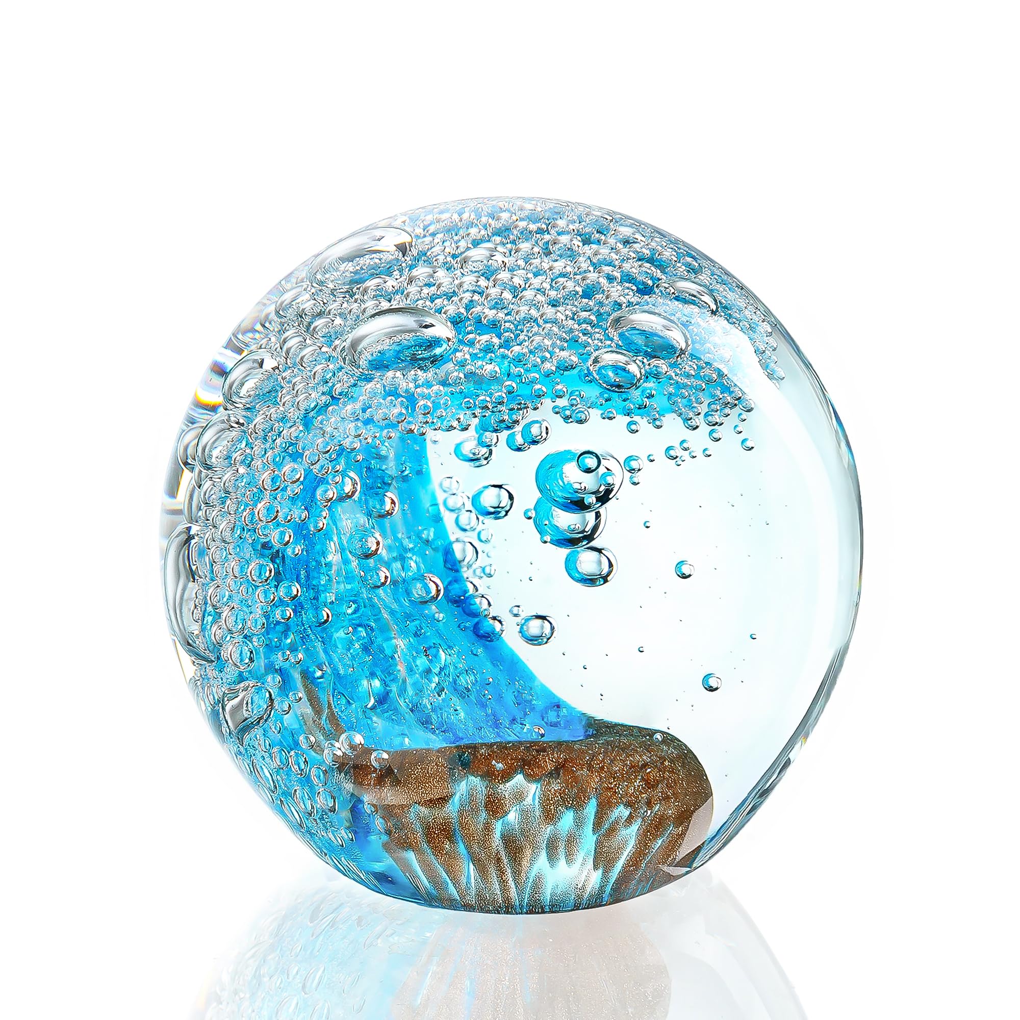 H&D HYALINE & DORA 2.3 Inch Paperweight, Hand Blown Ocean Waves Glass Ball, Crystal Glass Art Collectible Ornament for Home Office Desk Decor, Unique Gift for Ocean Lovers & Art Collectors