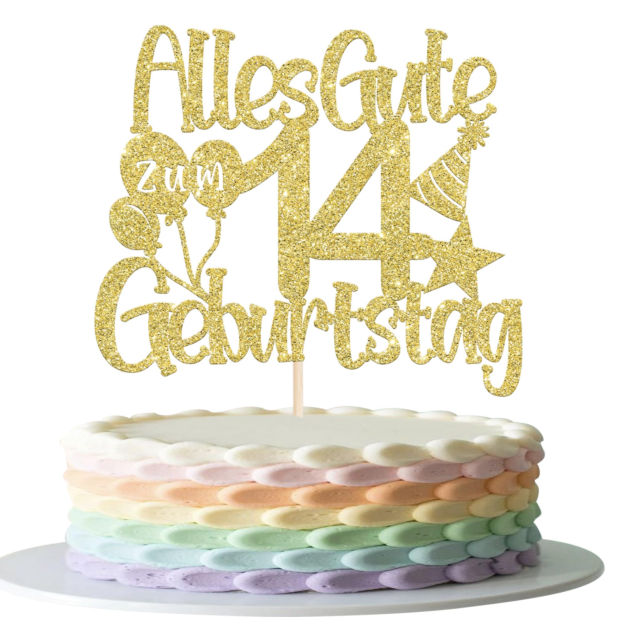 1 Stück Alles Gute zum 14 Geburtstag Tortendeko 14th Happy Birthday Cake Topper Luftballon Hut Muster Kuchen Deko für Junge Mädchen 14th Geburtstag Party Kuchen Dekoration Gold