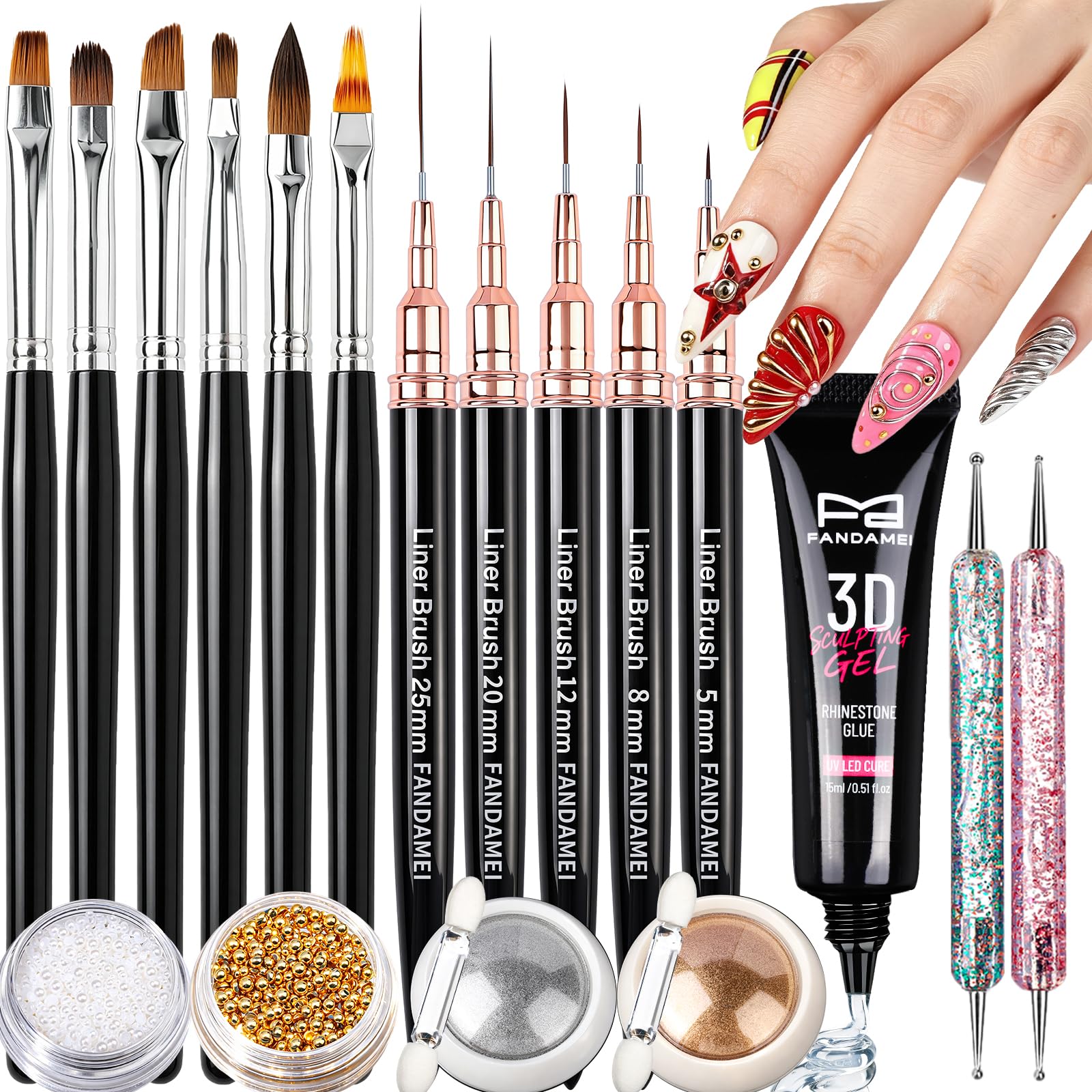 FANDAMEI Nail Art Brushes Set, 11 PCS Black Nail Brushes 7/9/11/15/25mm Liner Brushes for Nails, 15ML 3D Sculpting Gel for Nail Art, Nail Art Tools Set Gold Silver Chrome Powder White Nail Pearls