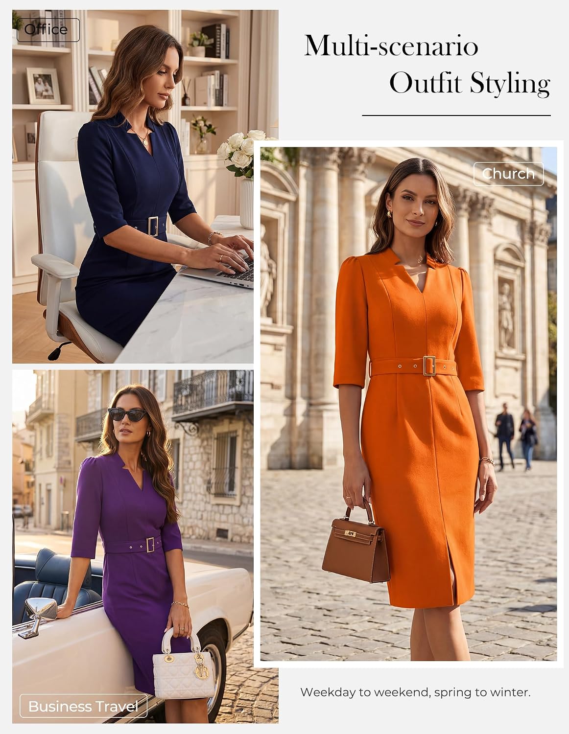 GRACE KARIN Women's Work Dress 3/4 Sleeve V Neck Bodycon Dress with Belt image 2