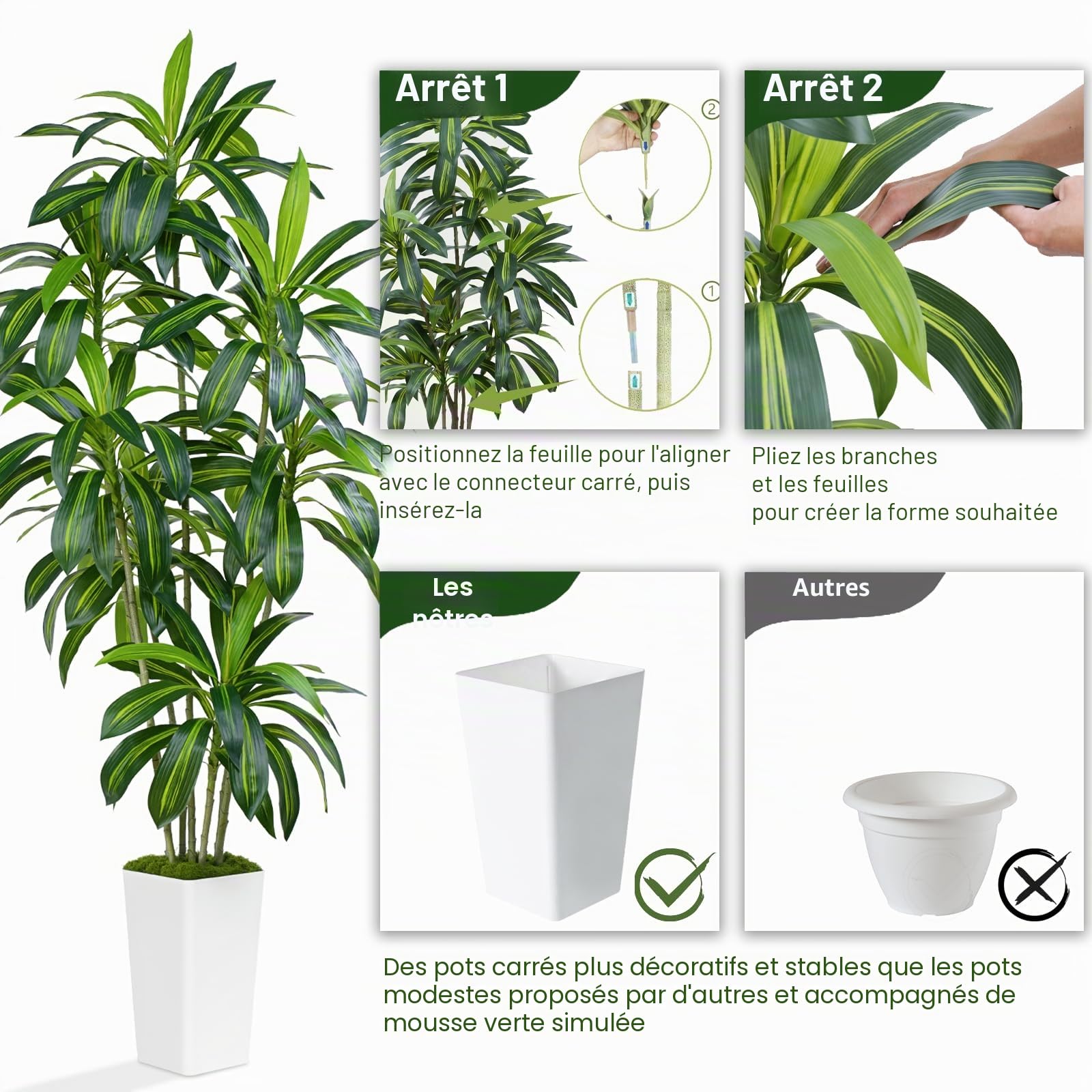 Plante Artificielle Dracaena 210cm Fausse Plante Interieur avec Grand Planteur Blanc pour Plantes Artificielles Interieur Exterieur Plante Artificiel pour Decoration Maison Bureau Jardin Deco