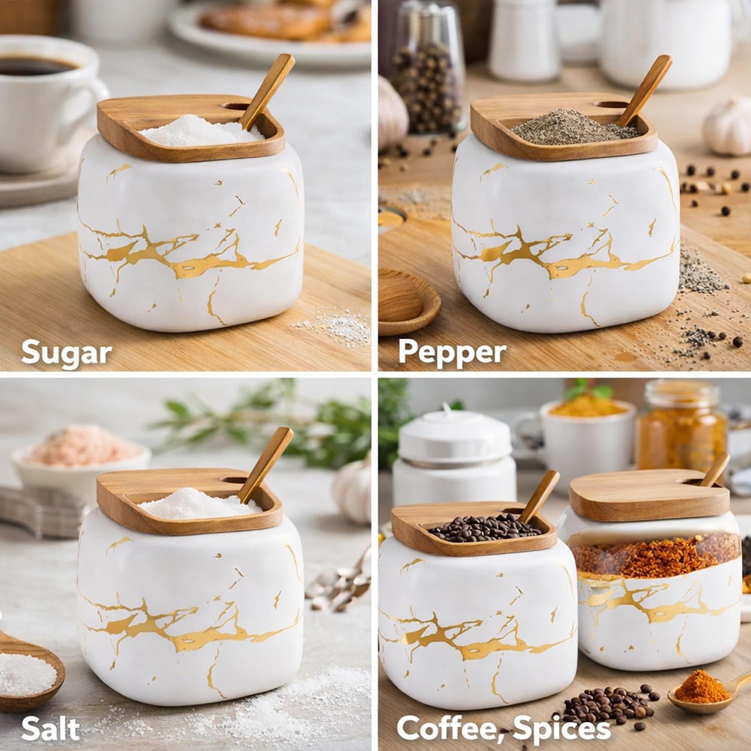 Marble Ceramics Sugar Bowl Ceramic Seasoning Box Ceramic Spice Jars Porcelain Condiment Pots with Lid and Spoon (White)