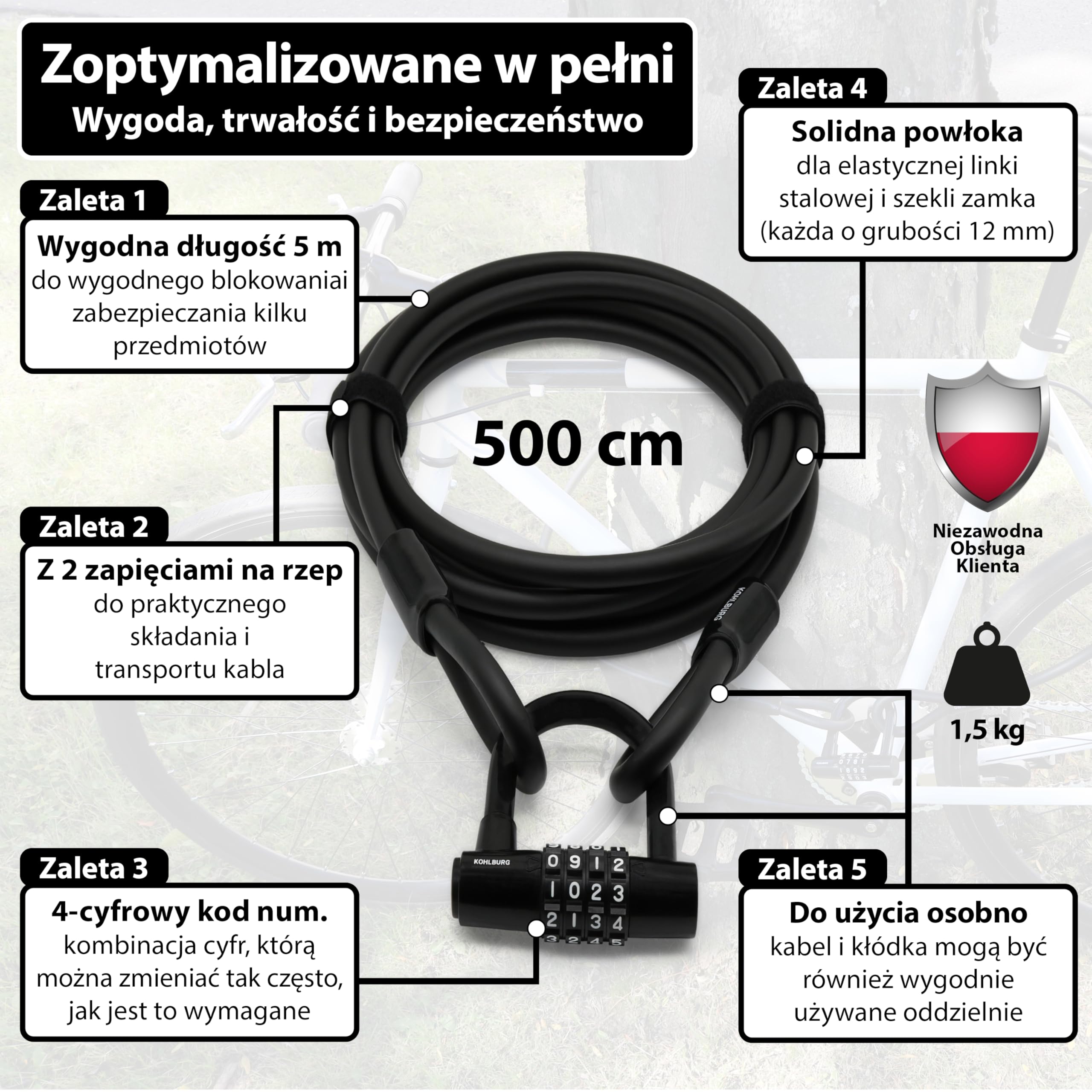 KOHLBURG Zamek Kablowy 5 m z Kodem Cyfrowym, Stalowa Linka z Osłoną | Do Roweru, Mebli Ogrodowych, Sprzętu, Szyfrowy z Możliwością Oddzielnego Użycia