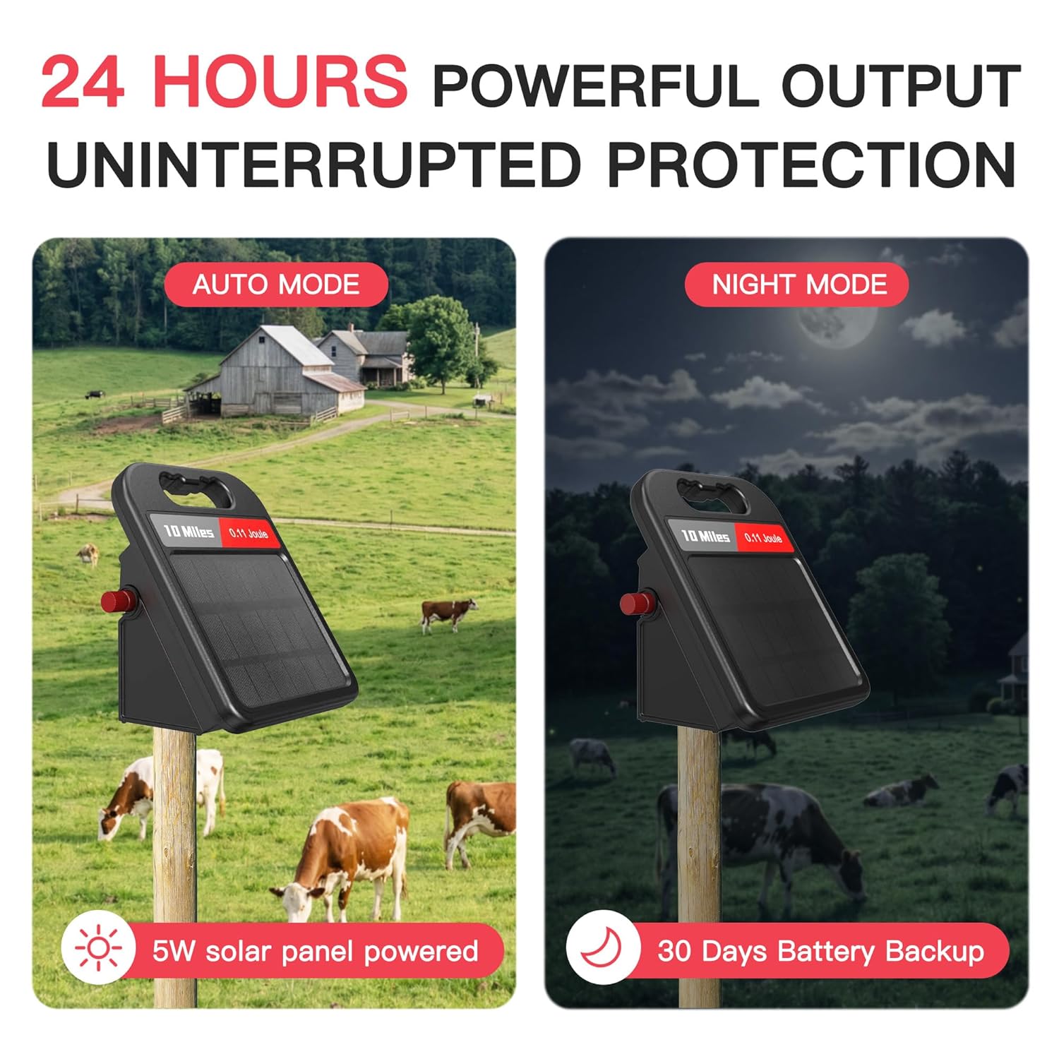 10 Mile Solar Fence Charger 0.11J Electric Fence Energizer with Day Night Mode 24-Hour Protection