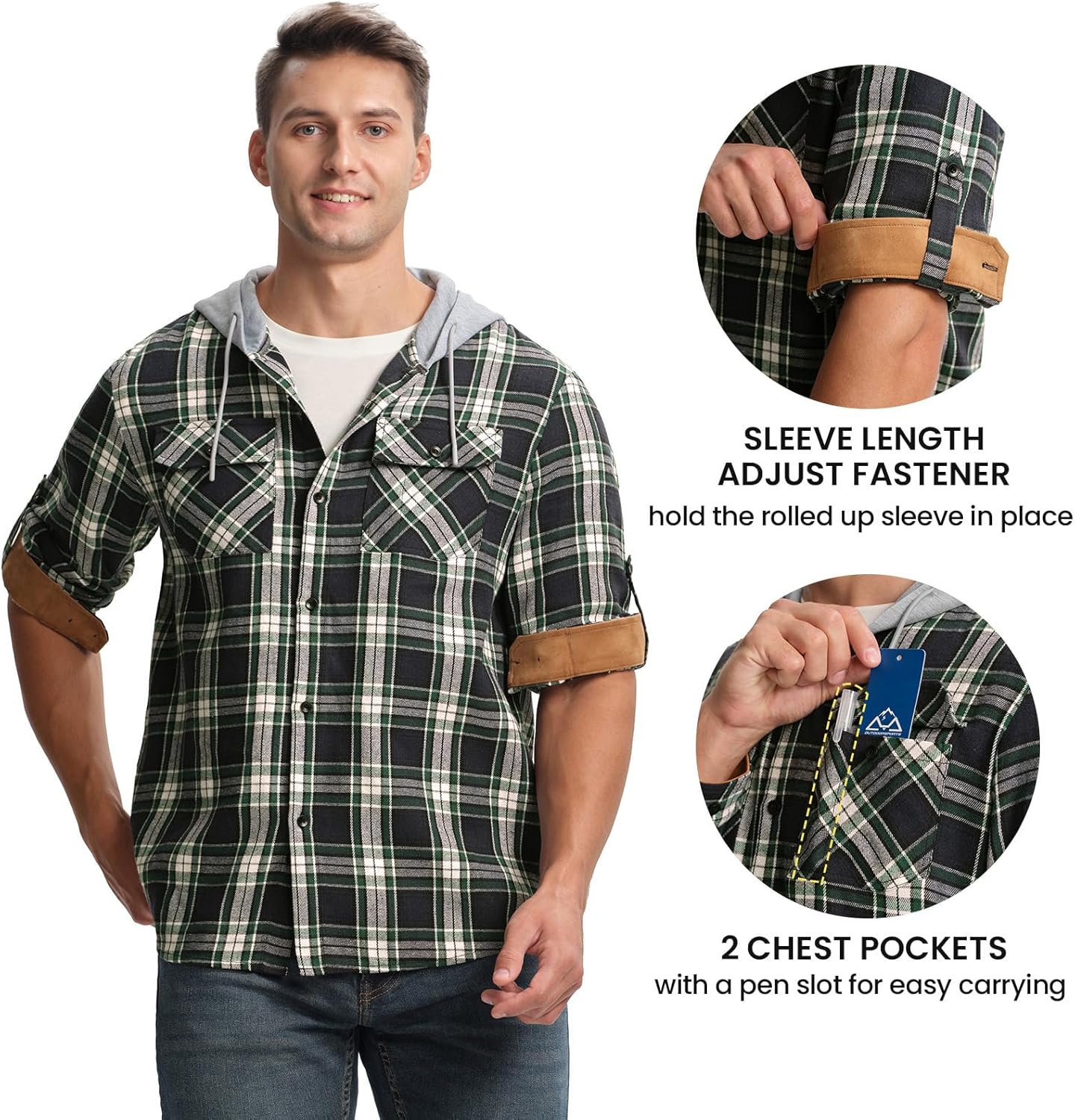 TBMPOY Men's Flannel Hoodie Shirts Plaid Casual Button Down Long Sleeve Lightweight Hooded Button Up Shirt with Pockets - Image 3