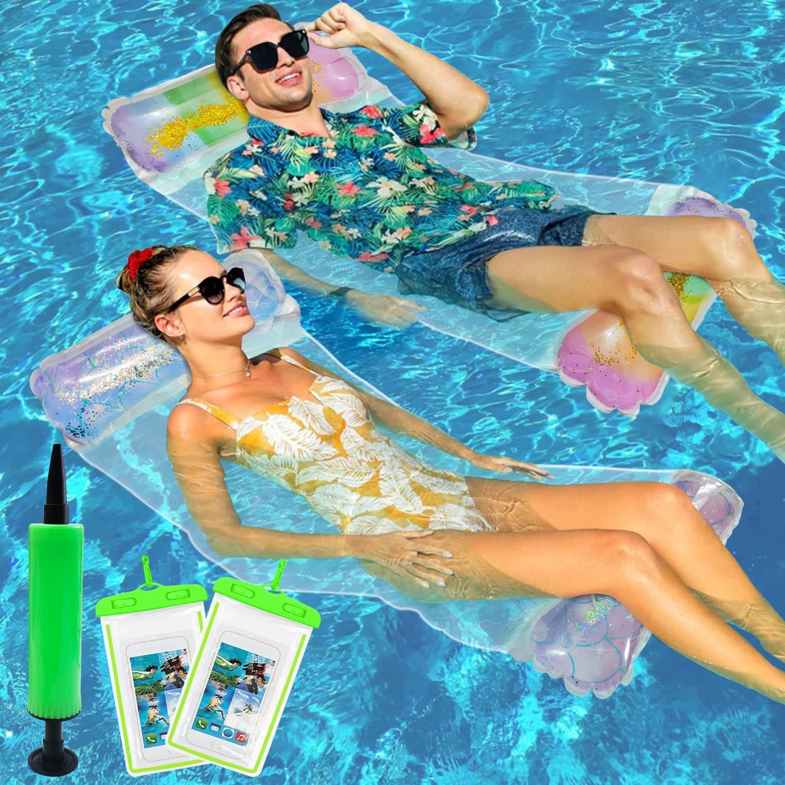 Lot de 2 hamacs flottants d'extérieur en PVC éco, 4-en-1 renforcé | 2 sacs étanches IPX8 avec pompe à air manuelle, matelas suspendu gonflable pour piscine, lac, plage, dégradé sequin