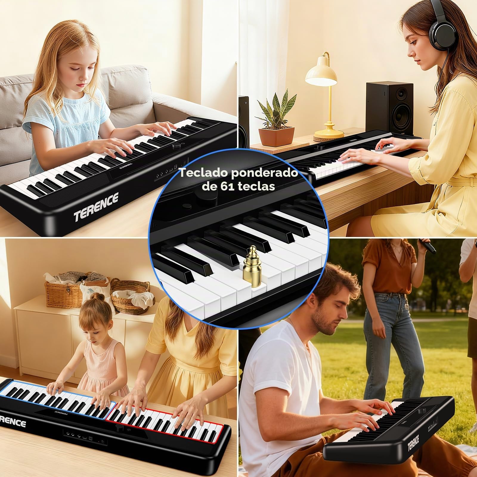 TERENCE - Piano electrónico de 61 teclas con soporte, 2 altavoces de 5 W, respuesta táctil, ideal para principiantes y adultos, portátil, MIDI, 128 sonidos