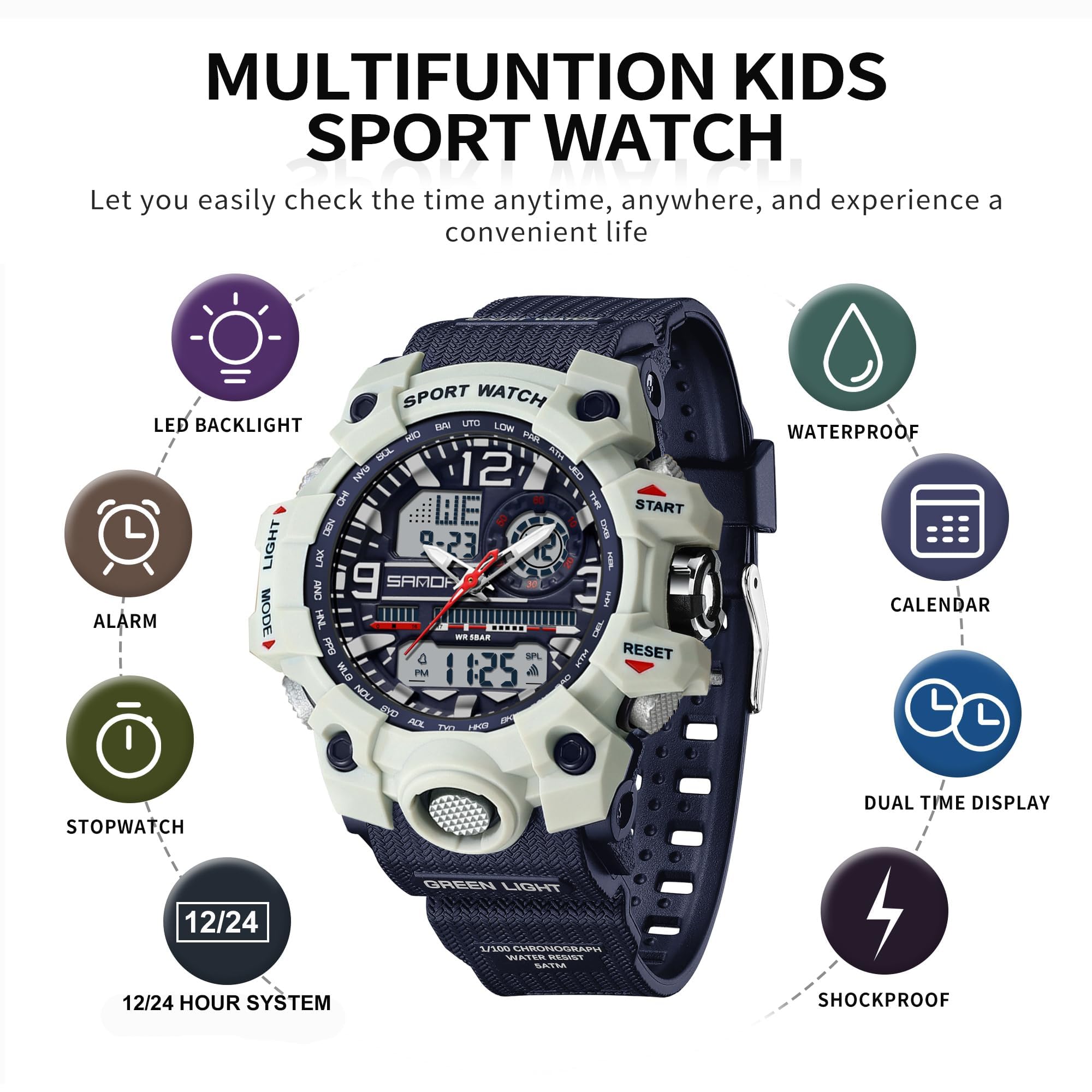 Reloj de pulsera digital para mujer con despertador, calendario, reloj digital LED, para niñas y niños, resistente al agua, 50 m, cronómetro, 12/24 horas, reloj digital y analógico