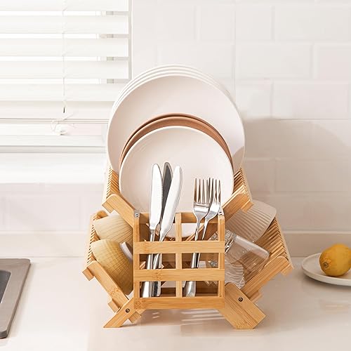 Miniatura 4 de HBlife Escurridor de platos de bambú con soporte para cubiertos de utensilios, soporte de secado plegable grande de 3 niveles para encimera de