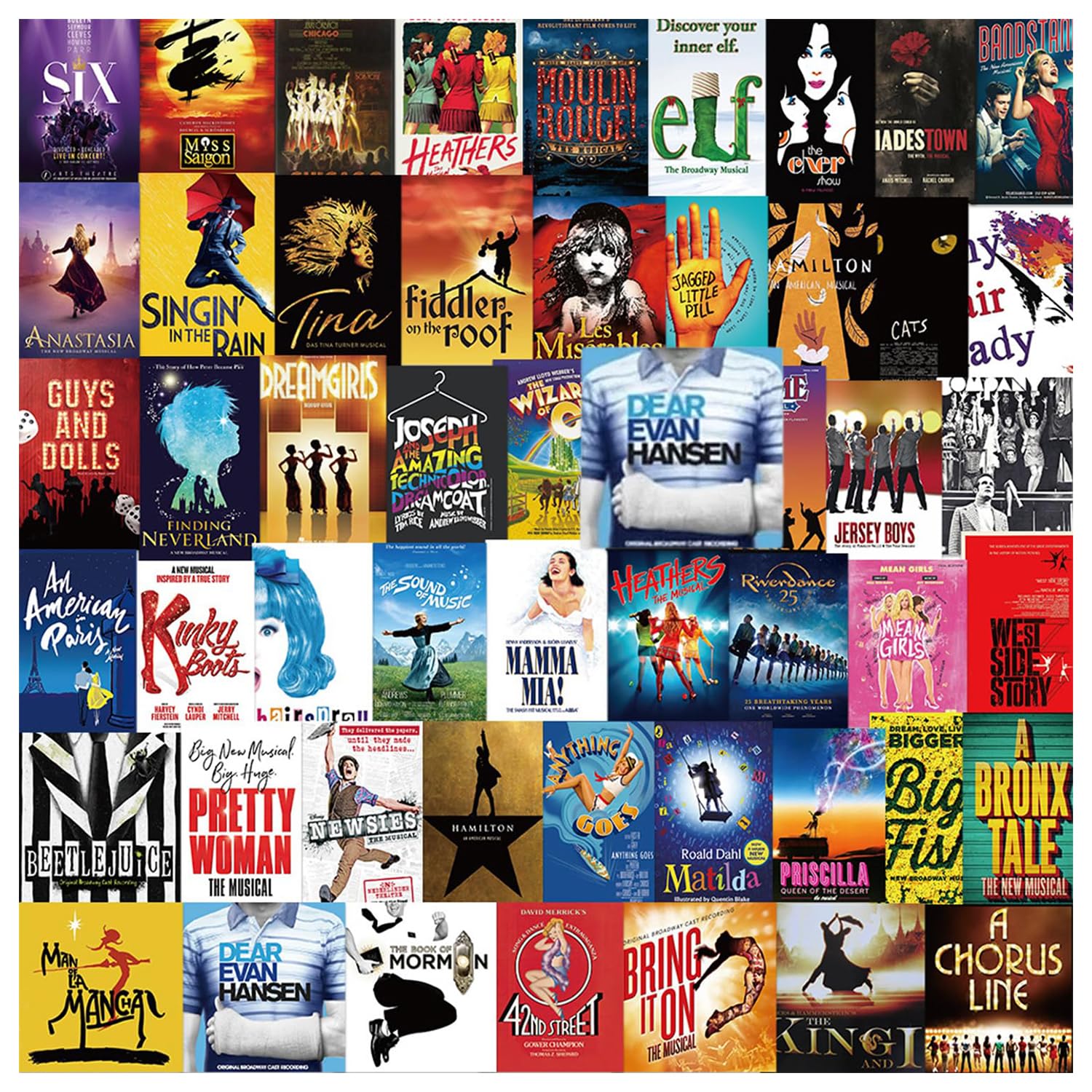 102 Pcs Broadway Poster Music Stickers, Unique Music Aesthetic Stickers Pack, Colorful Theatre Art Decals for Scrapbook Skateboard Guitar Suitcase Scooter Bike