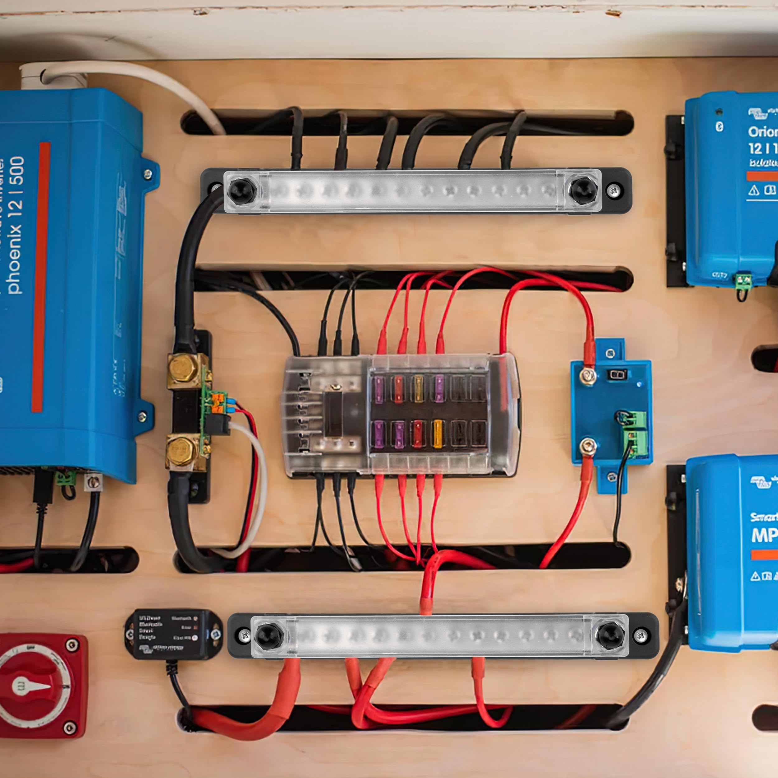 QIMEI-SHOP Bloques de Distribución de Energía 12V-48V Caja de Distribución de Barra Colectora BusBar 150A con 12 x M4 Pernos de Terminal para Automóvile Barco Negro