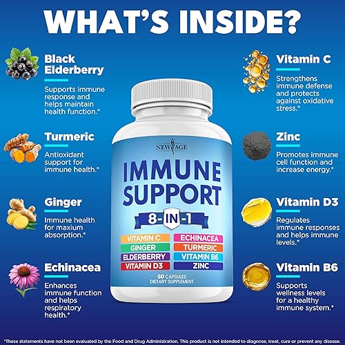 Miniatura 2 de NEW AGE Suplemento de refuerzo 8 en 1 de apoyo inmunológico con equinácea, vitamina C y zinc 50 mg, vitamina D 5000 UI, curcumina de cúrcuma y