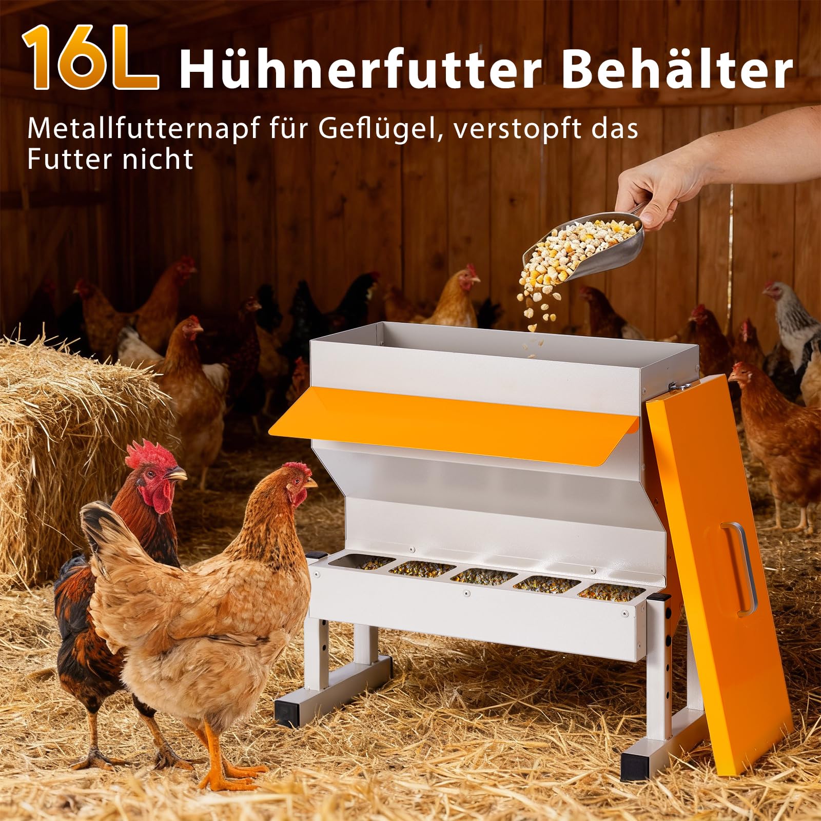 16L Futterautomat Hühner Draußen mit 5 Futteröffnungen, Metall, Wandmontage