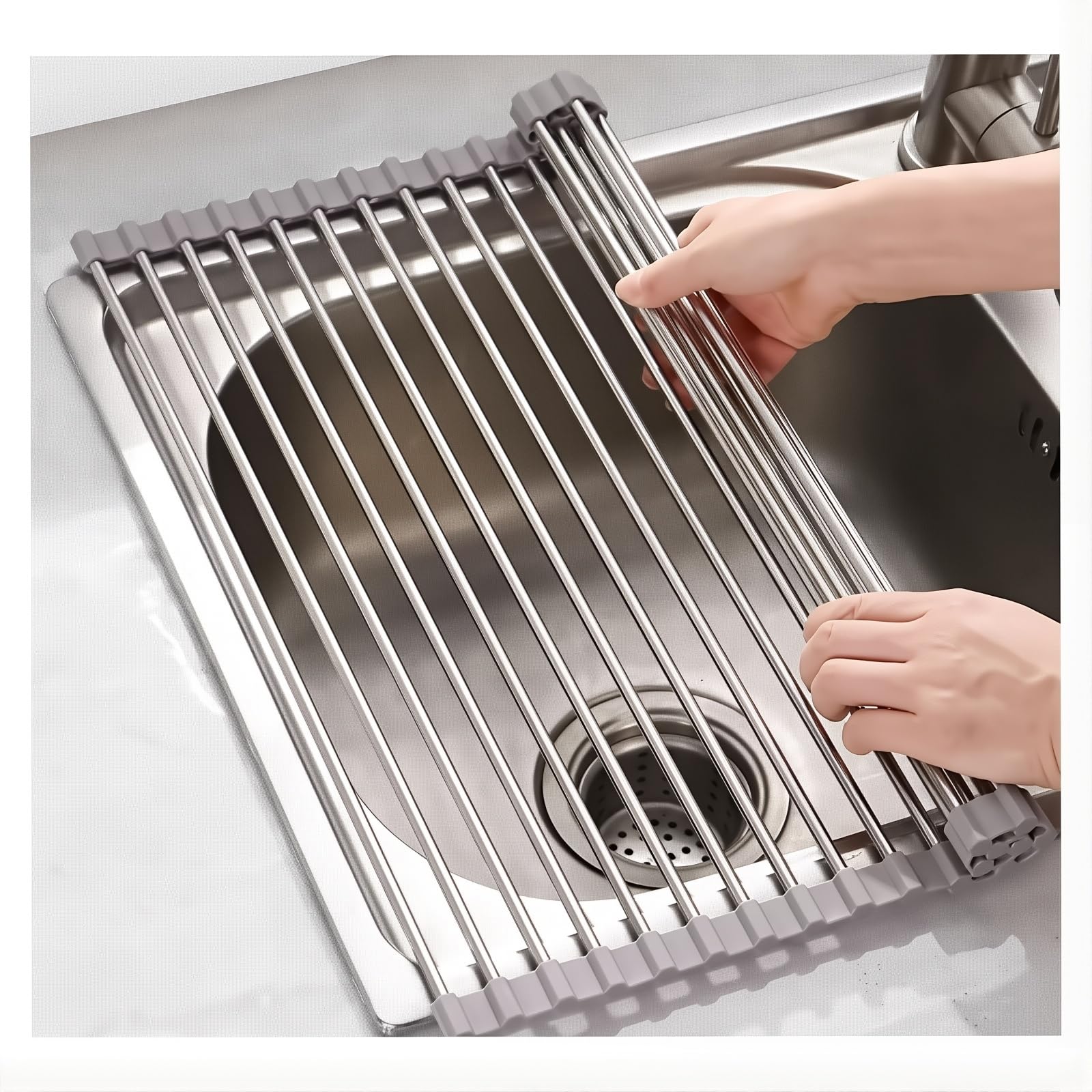 SYLYNR Over Sink Drainer Rack, 47 x 35cm Roll Up Dish Drying Rack, Grey