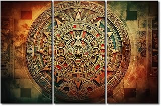 3 Pieces Canvas Wall Art Mayan Calendar Wall Painting Aztec Solar Calendar Stone Posters Pictures Mexico Civilization Home Decorations for Living Room Framed Stretched Ready to Hang (42" Wx28''H)