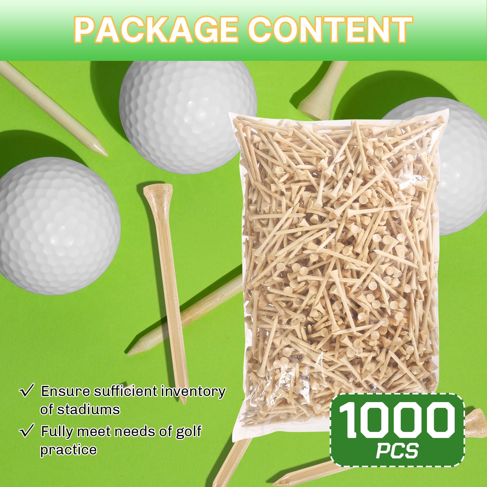 Camisetas de golf de bambú, 1000/500/250 piezas de 2-3/4 y 3-1/4 pulgadas de longitud, camisetas de golf de bambú, 7 veces más fuertes que las de madera, reducen la fricción y el giro lateral