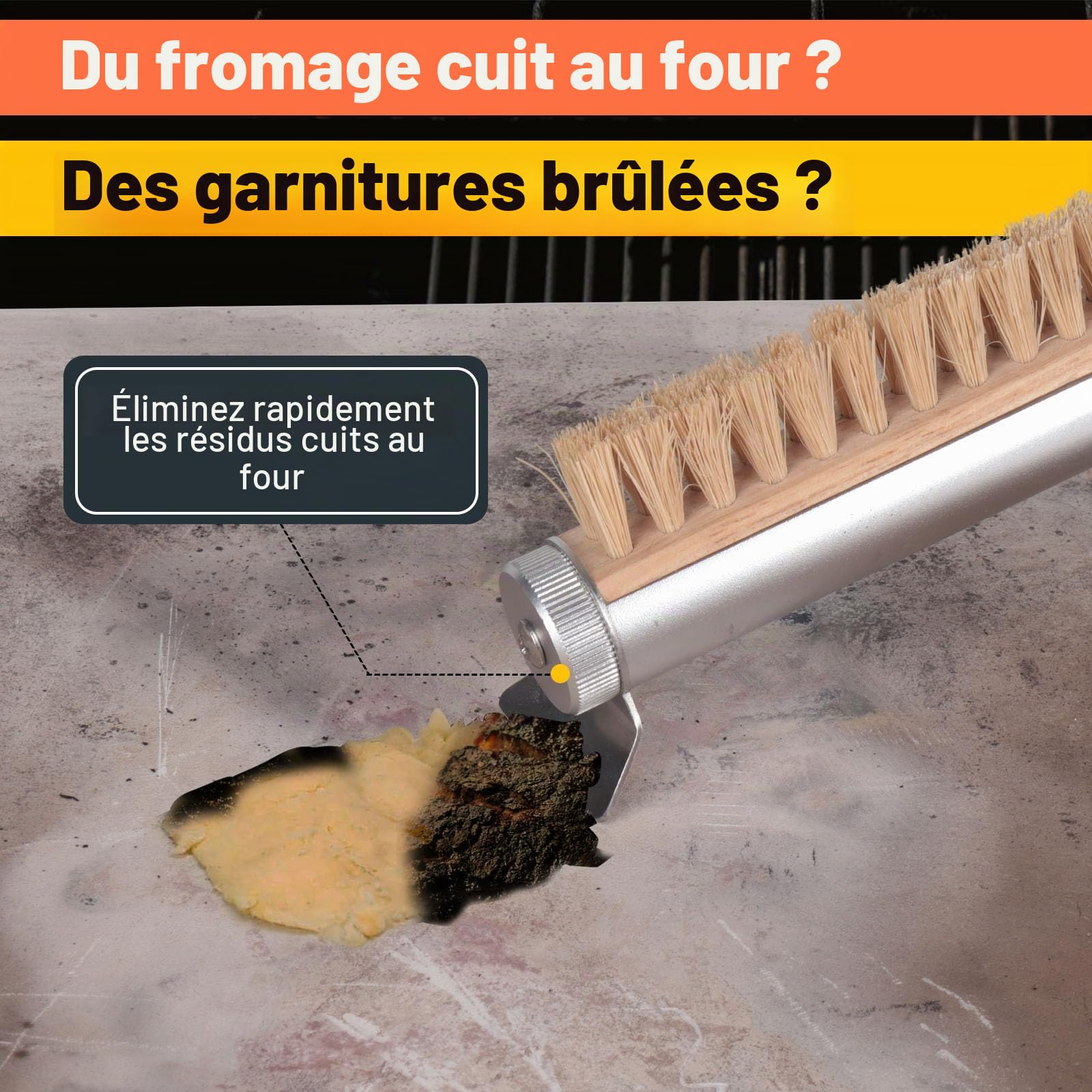 Brosse de four à pizza avec grattoir 52 cm Poils naturels pour nettoyer la pierre à pizza Manche en bois