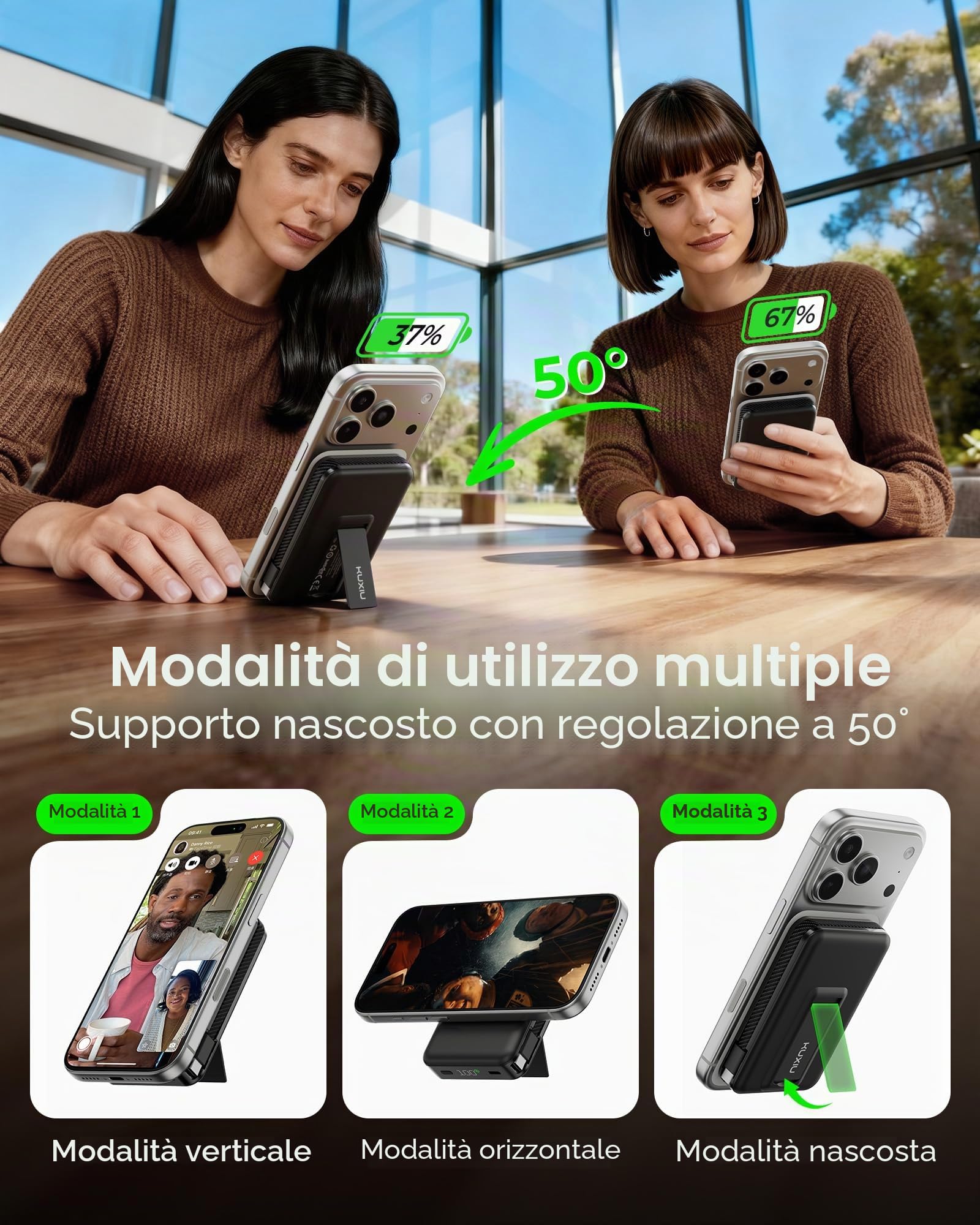 KU XIU 25W Qi2.2-Certificato Stato-Solido Power Bank per MagSafe, 10,000mAh Powernbank Magnetico Caricatore Wireless Ricarica Rapida per iPhone 17/16/15/14/13/12 Serie con Cavo Integrato e Supporto