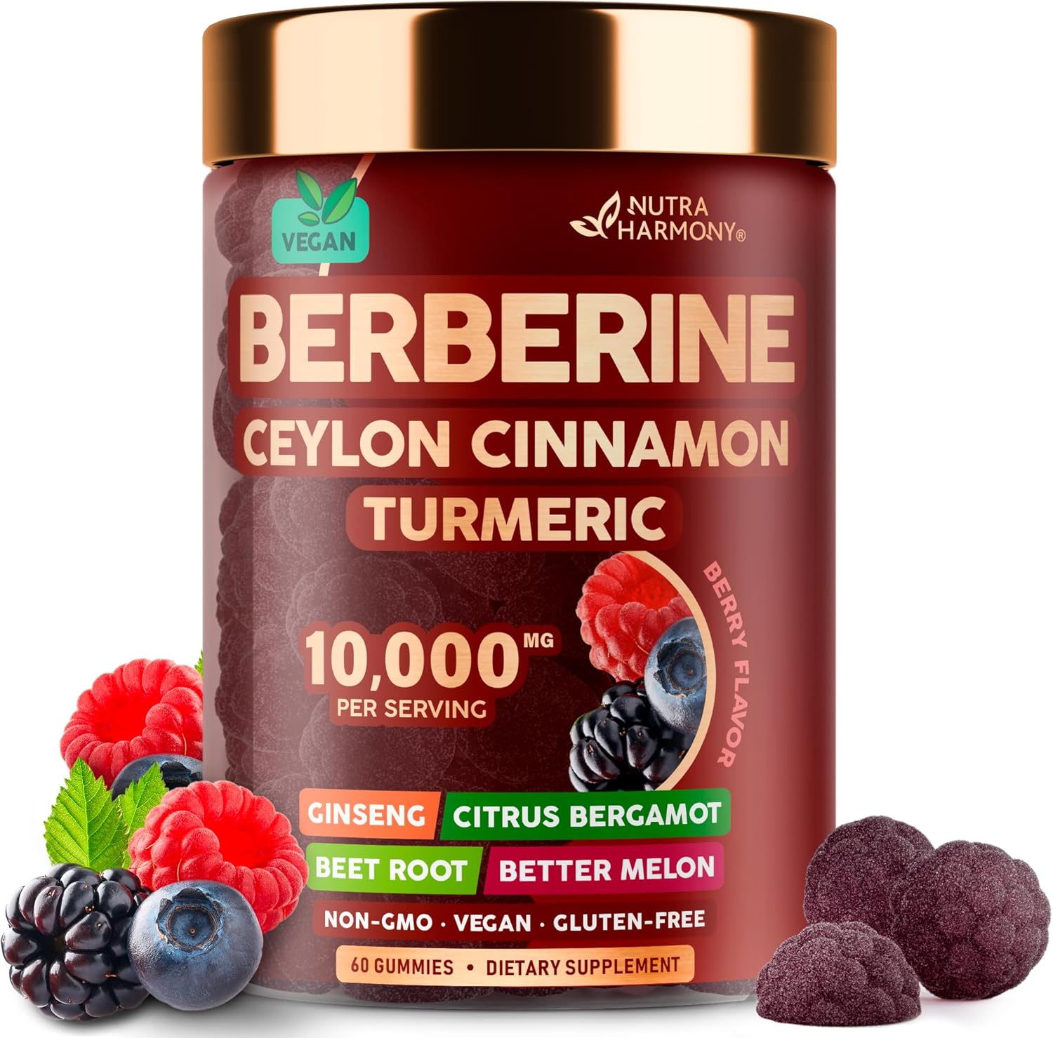 Berberine with Ceylon Cinnamon Gummies 10000 mg – Turmeric | Ginseng | Citrus Bergamot | Beet Root | Bitter Melon – 7-in-1 Heart Support, Metabolism & Energy – Mixed Berry Flavor – Vegan, 60 Gummies