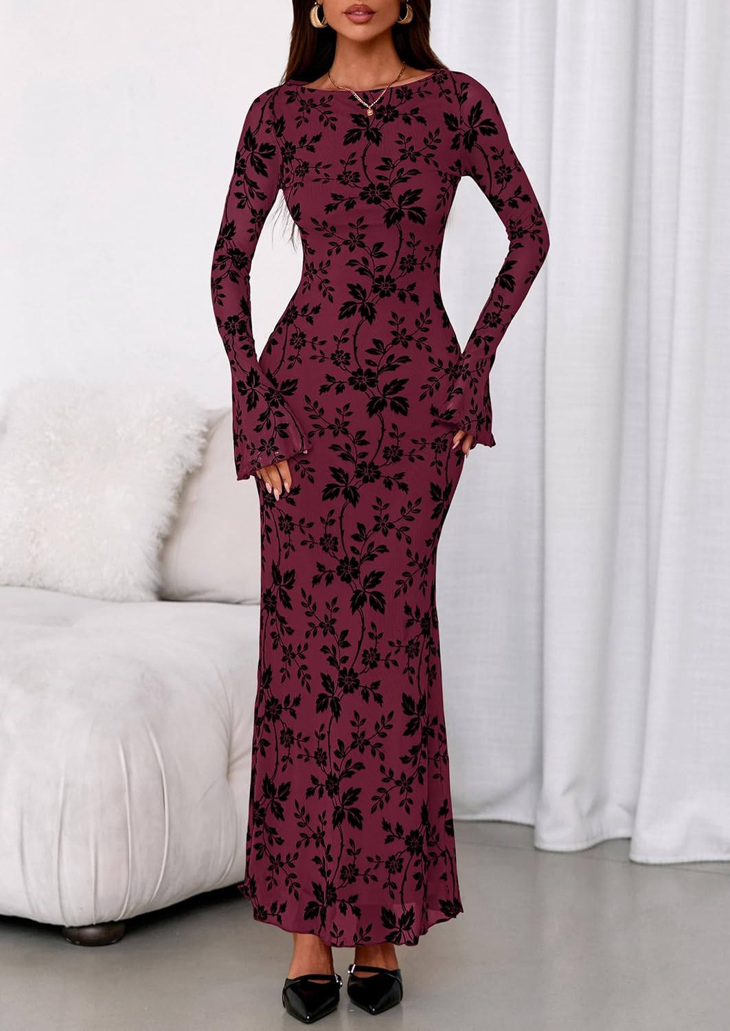 PRETTYGARDEN Women's Floral Bodycon Maxi Dress 2026 Spring Elegant Mesh Long Sleeve Formal Wedding Guest Cocktail Dresses - Image 3