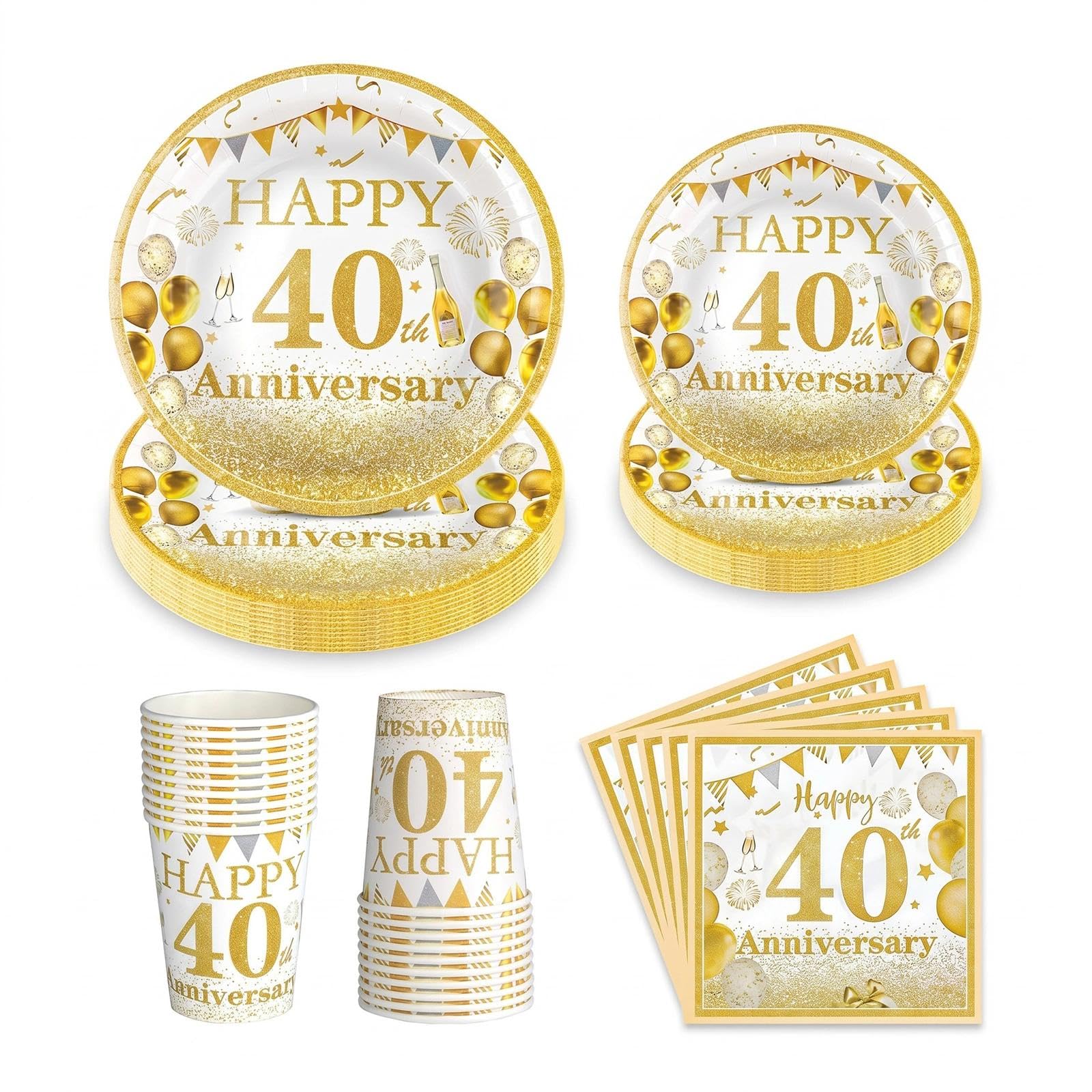 100Pcs 40th Anniversary Party Tableware Set, Gold White Anniversary Decorations, Disposable Paper Plates Cups Napkins for 40th Wedding Milestone Celebration Supplies
