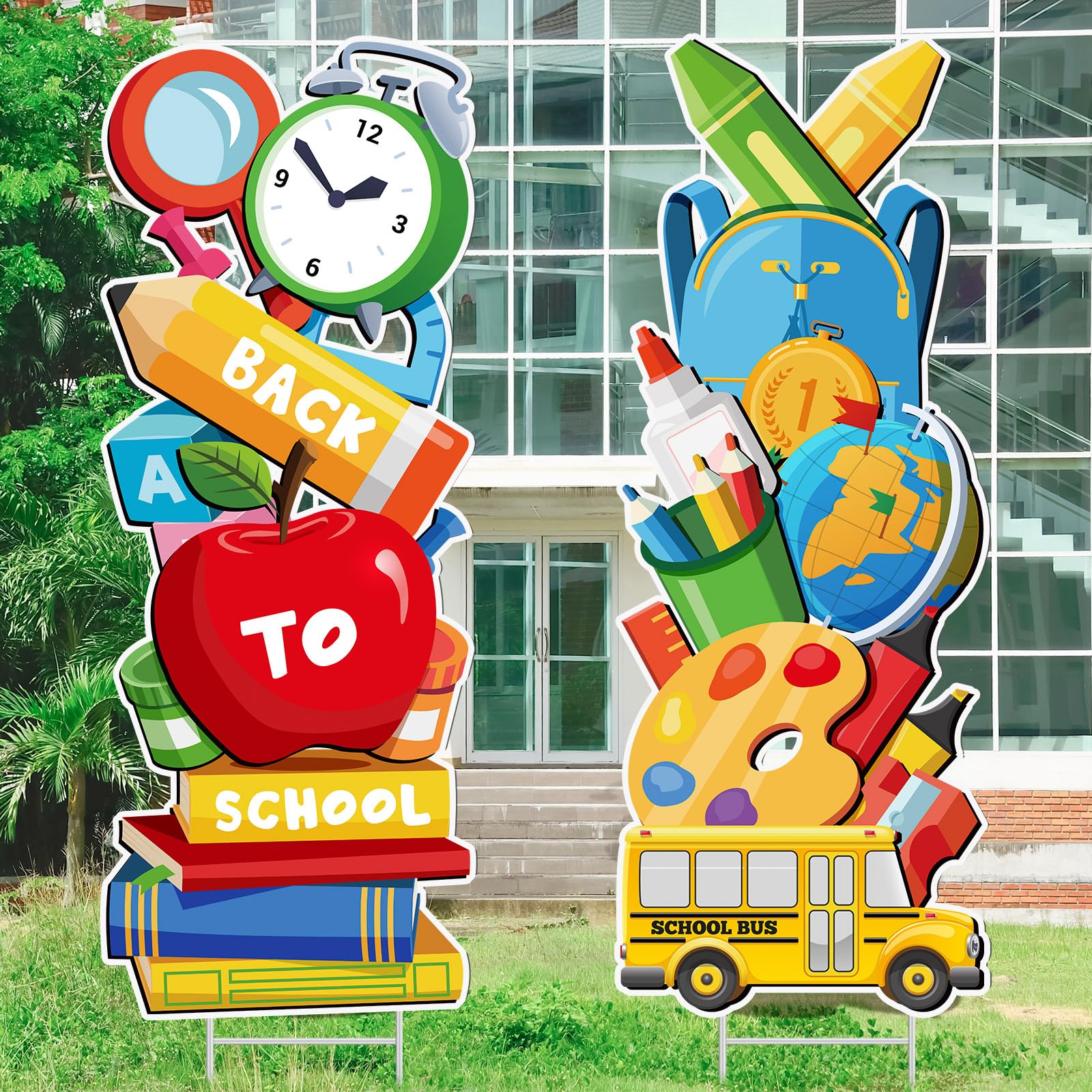 2 Pcs Welcome Back to School Yard Signs Large First Day of School Lawn Sign Cards with Metal Stakes Party Waterproof Outdoor Garden Yard Decorations for Greeting Students(Cute)