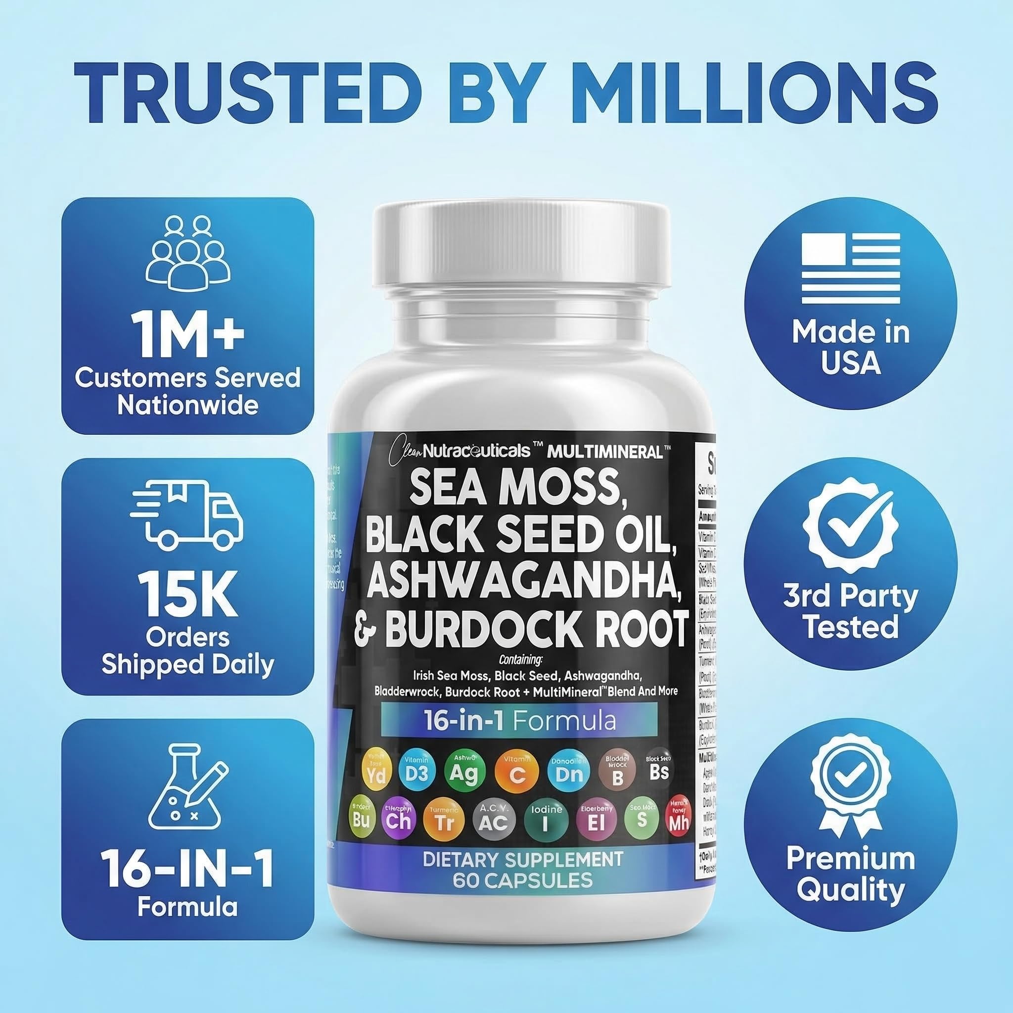 Clean Nutraceuticals Sea Moss Black Seed Oil Ashwagandha Turmeric Bladderwrack Burdock & Vitamin C Vitamin D3 with Elderberry Manuka Dandelion Yellow Dock Iodine Chlorophyll ACV — Amazon image 8