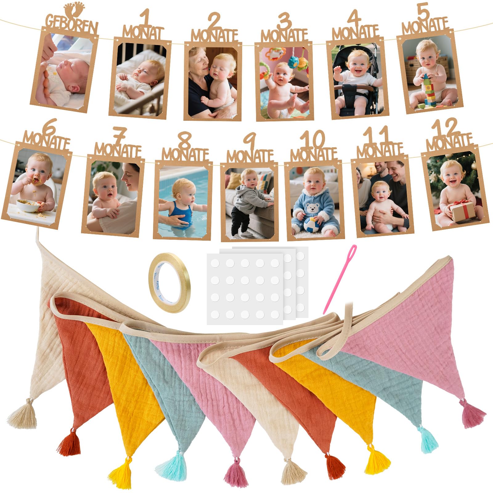 Molirex Fabric Bunting Banner & 1st Birthday Baby Photo Banner, 2.6m Double Side Cotton Triangle Bunting Garland and 12 Months Photo Banner for Girls Boys Birthday Baby Room Nursery Party Decoration