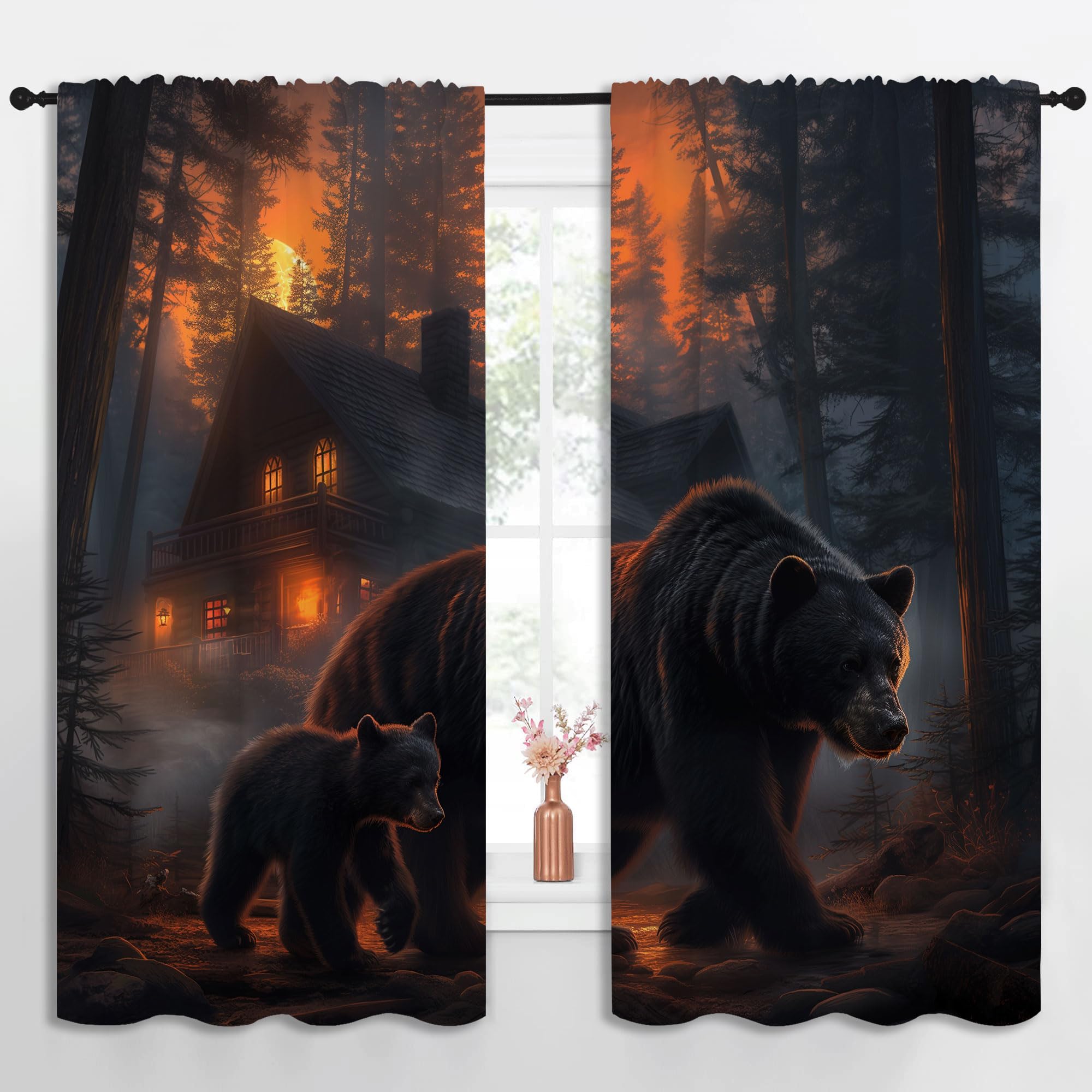 PYMATYTN Black Bear Blackout Curtains for Boys Girl Bedroom Decor,Funny Animals Family Forest Cabin Thermal Insulated Rod Pocket Drapes Darkening Window Curtain for Living Room Home 55x63 inch